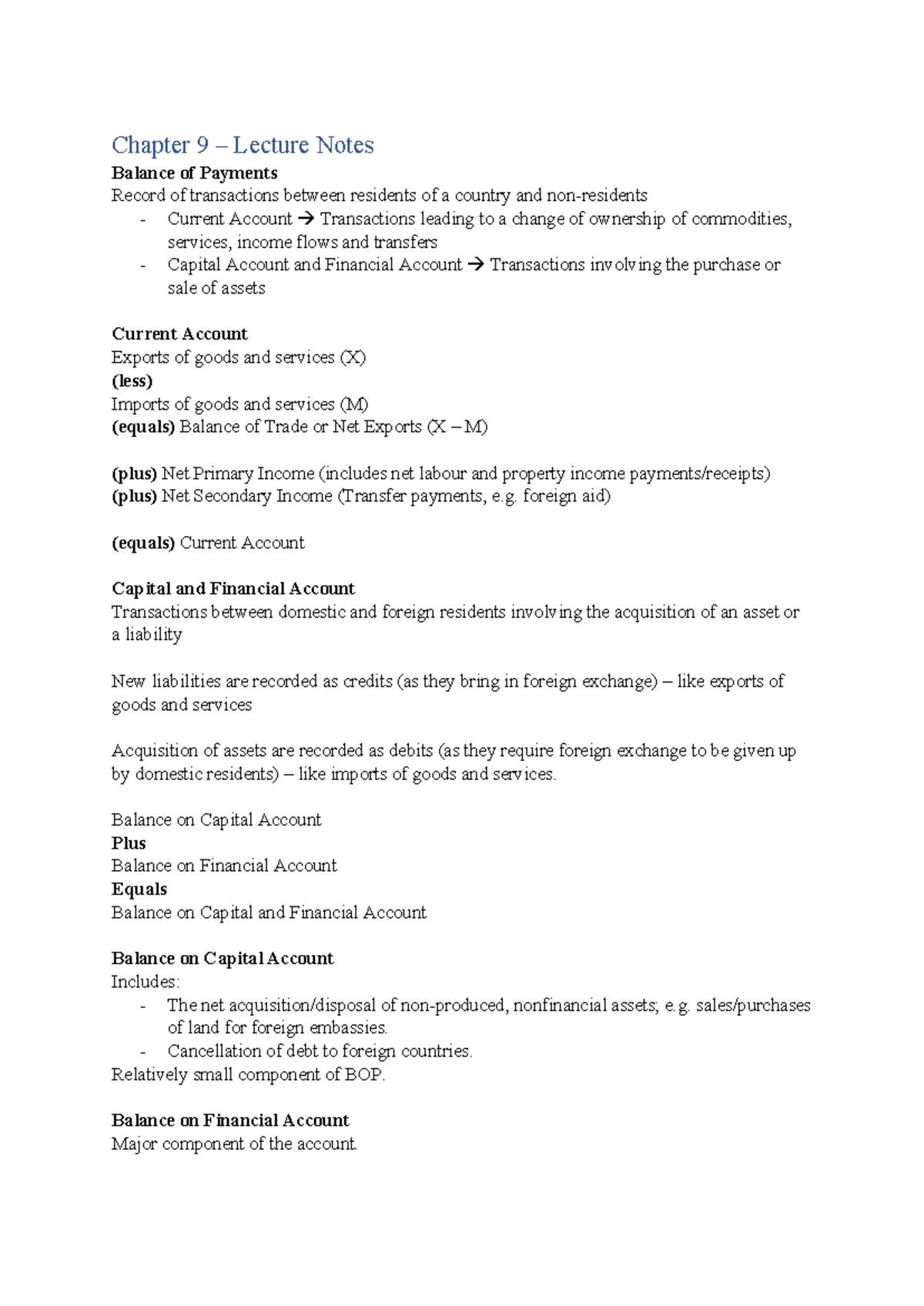 Chapter 9 Lecture Notes - Chapter 9 – Lecture Notes Balance of Payments ...