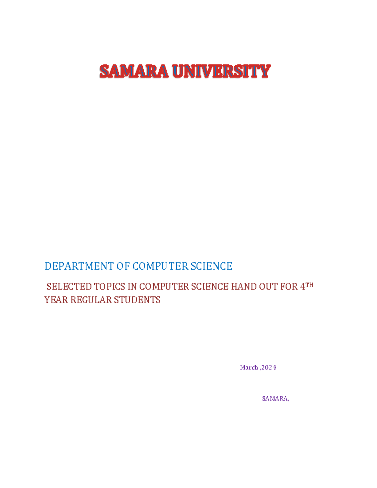 Selected Topic hand out - DEPARTMENT OF COMPUTER SCIENCE SELECTED ...