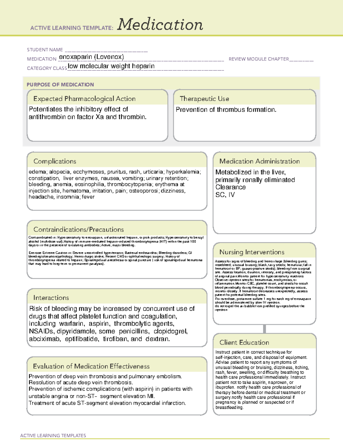 Enoxaparin Lovenox LMWH Medication Templates For Care Plans 