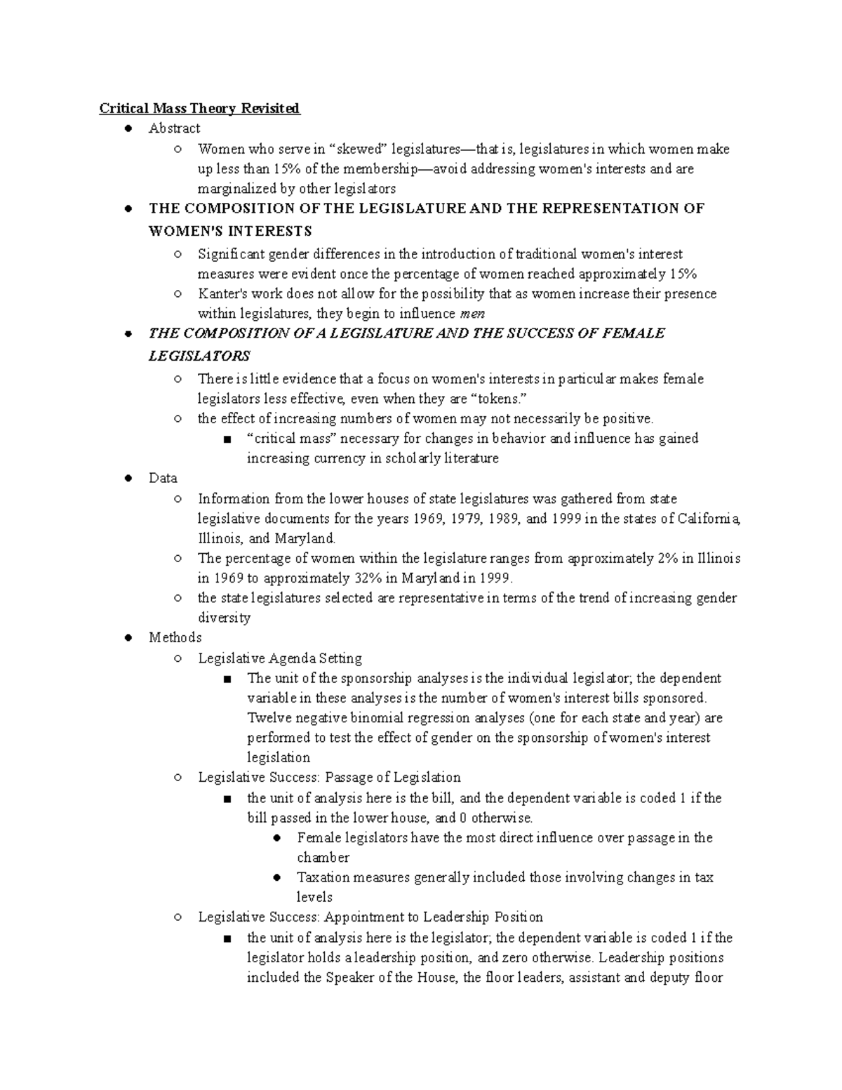 critical mass theory substantive representation