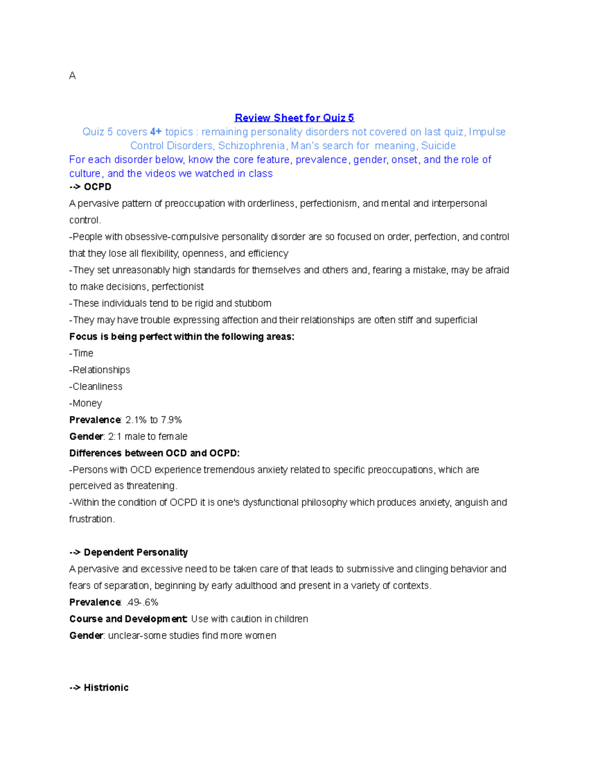 PSY 350 Quiz 5 Review sheet - A Review Sheet for Quiz 5 Quiz 5 covers ...