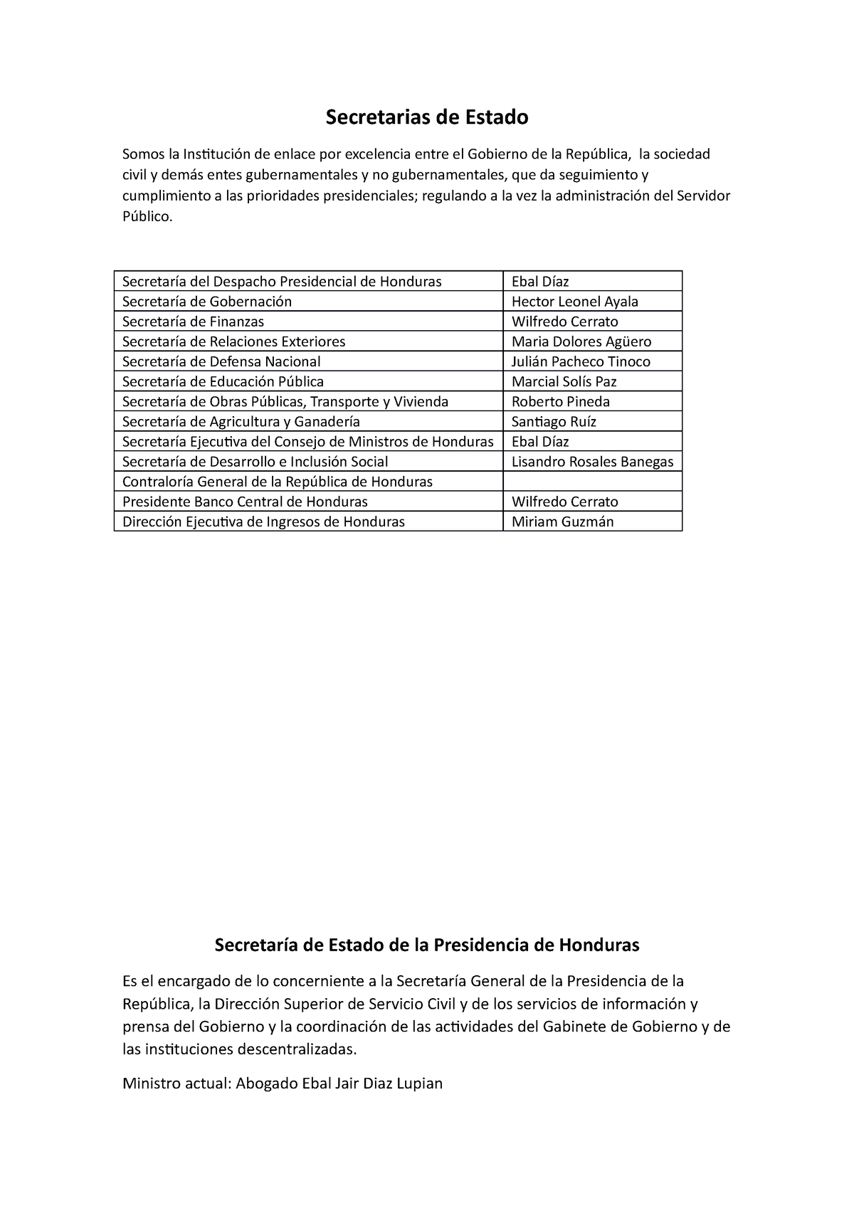 Secretarias de Estado de la republica de Honduras año Secretarias de