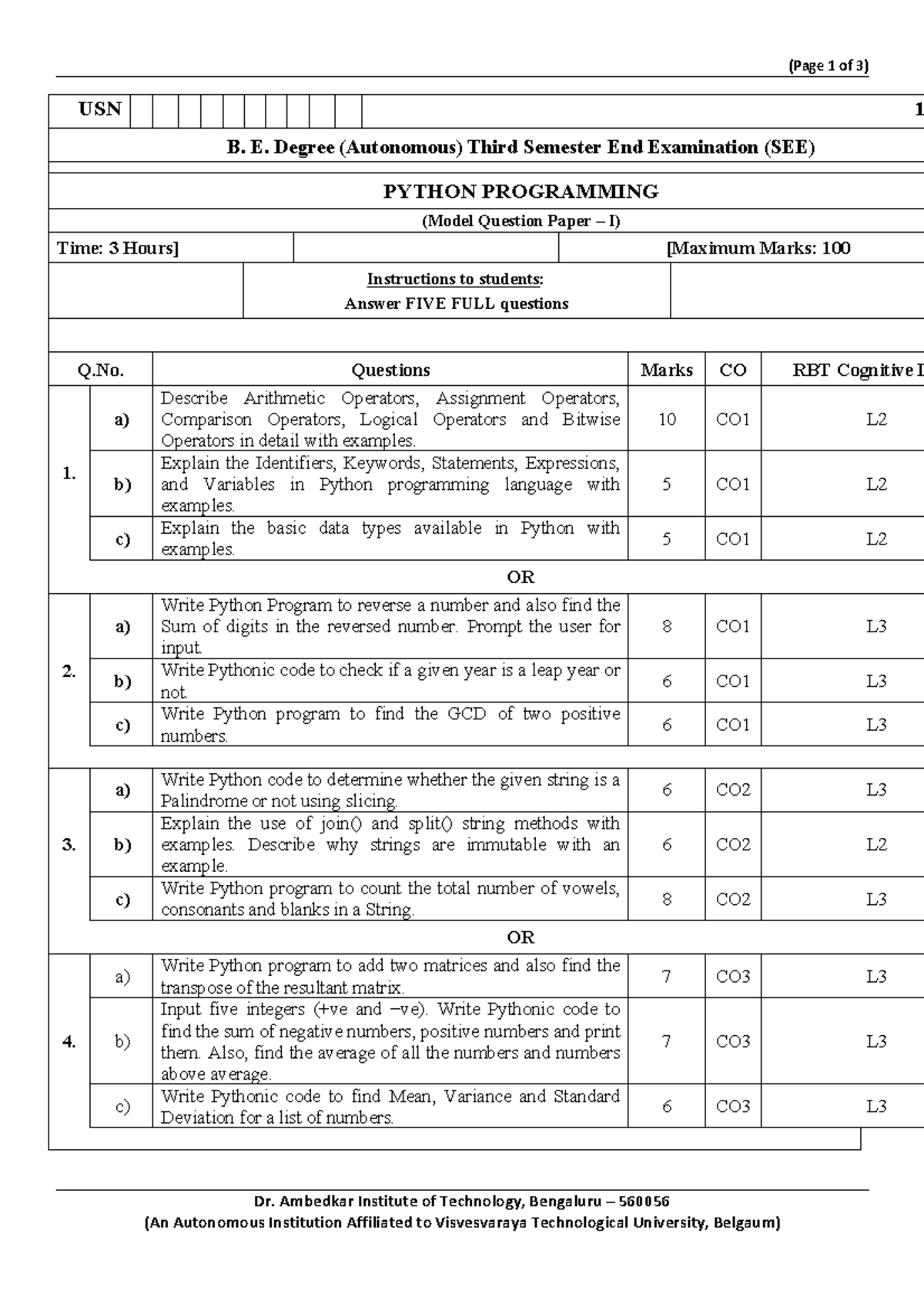 Model QP 1 python - (Page 1 of 3) Dr. Ambedkar Institute of Technology ...