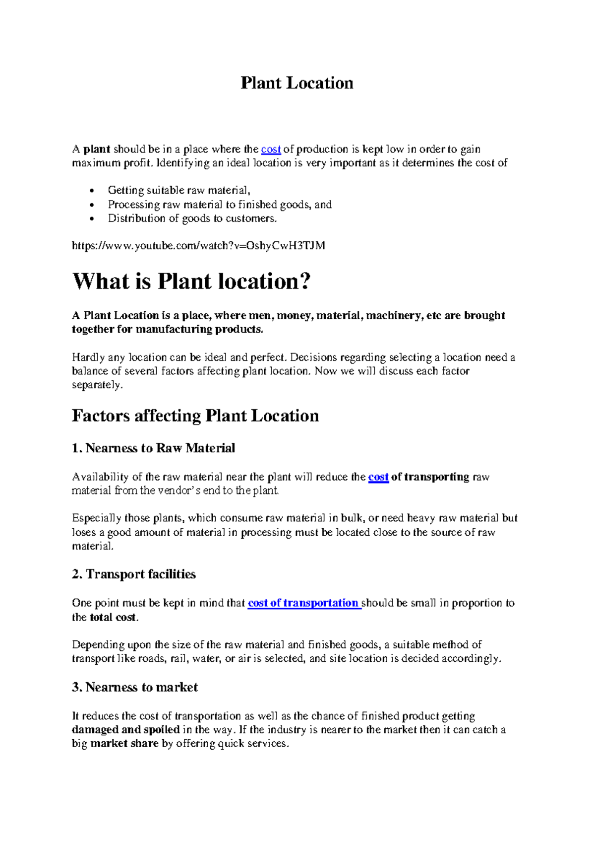 Plant layout lecture notes - Plant Location A plant should be in a ...