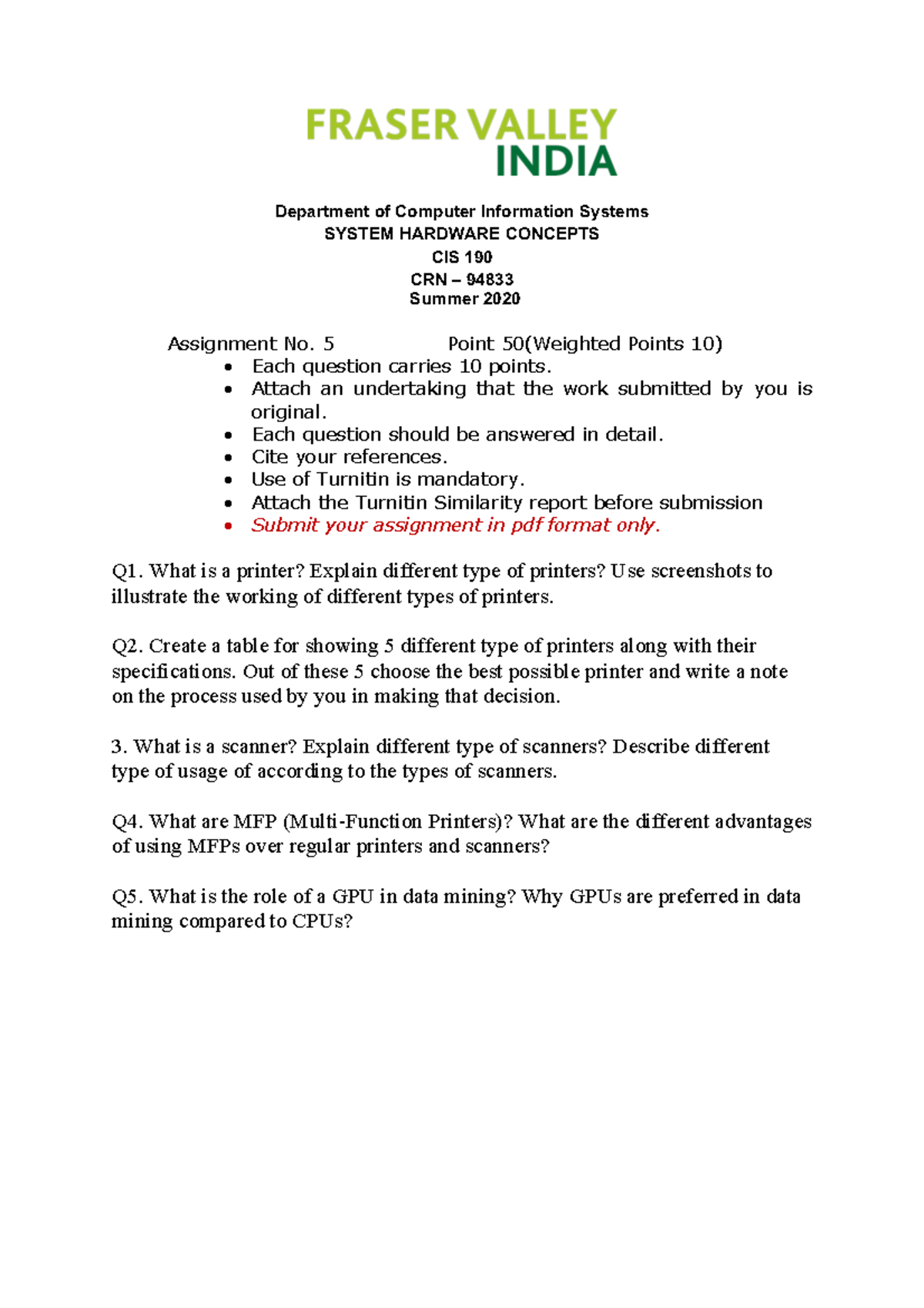 CIS 190 Assignment 5 - Assignment No. 5 Point 50(Weighted Points 10 ...