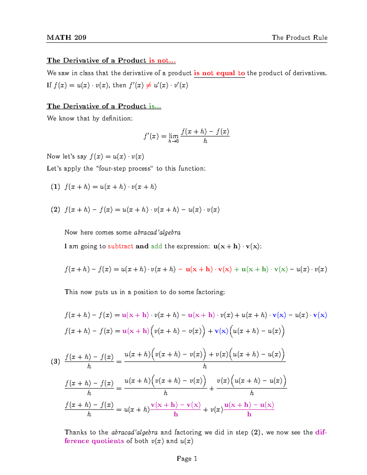 MATH 209 The Product Rule MATH 209 The Product Rule The Derivative of