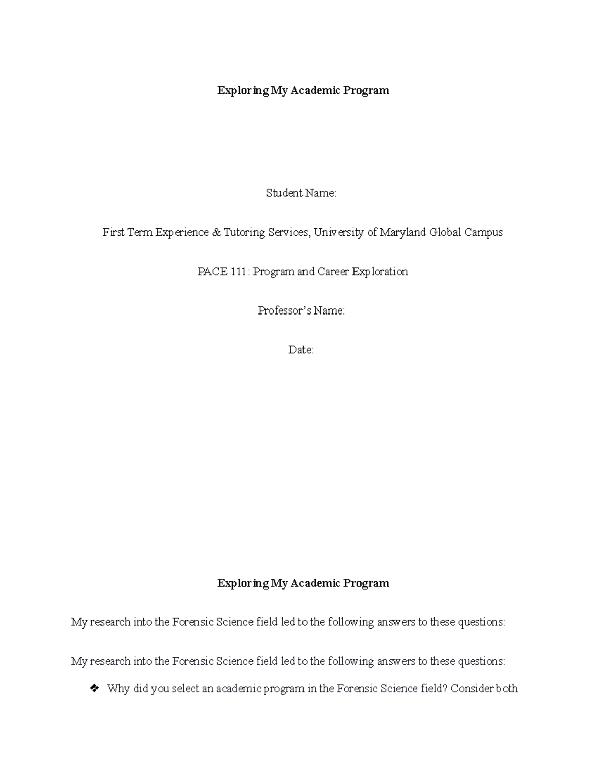 Exploring My Academic Program - Exploring My Academic Program Student ...