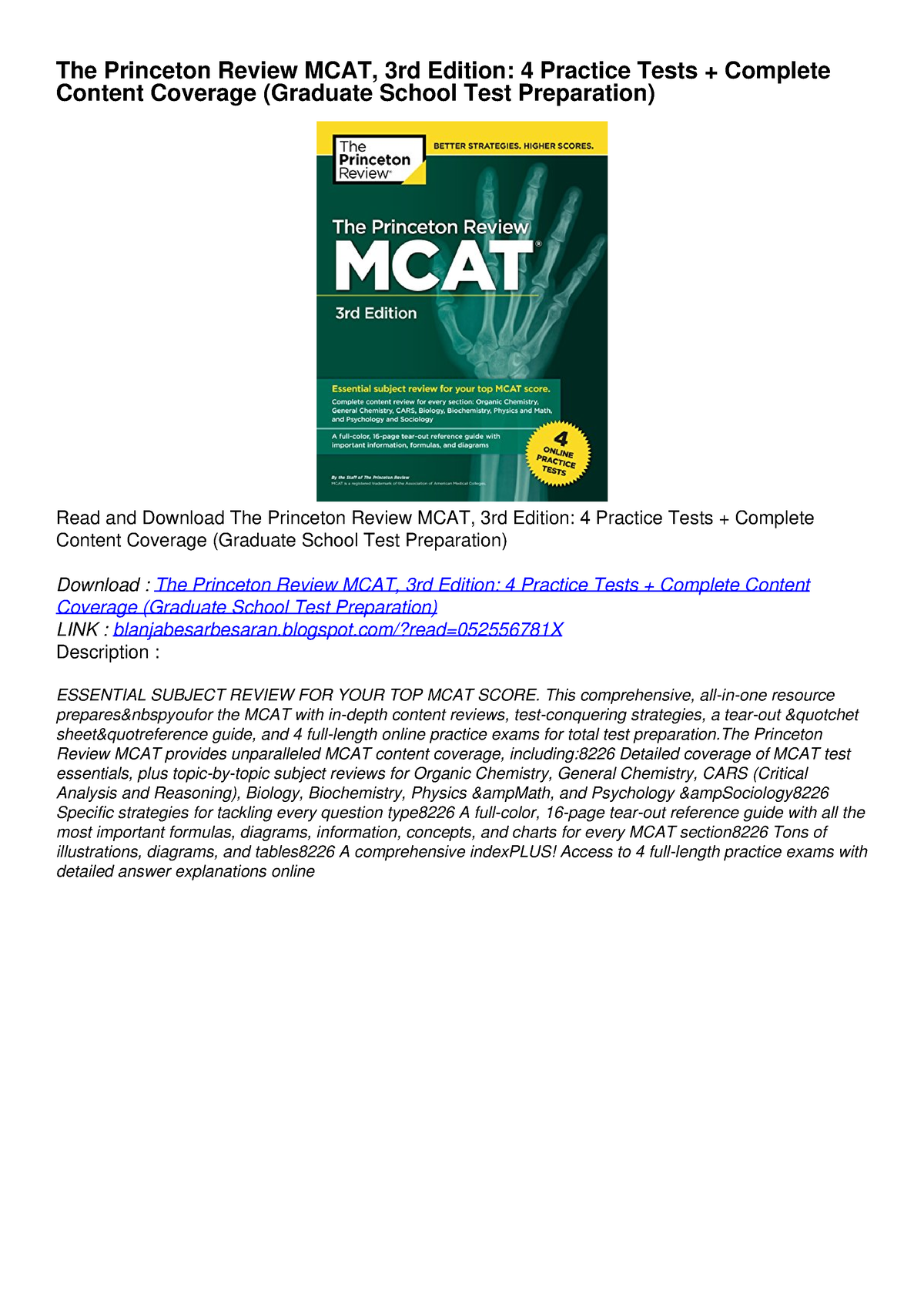 [PDF] DOWNLOAD FREE The Princeton Review MCAT, 3rd Edition: 4 Practice ...