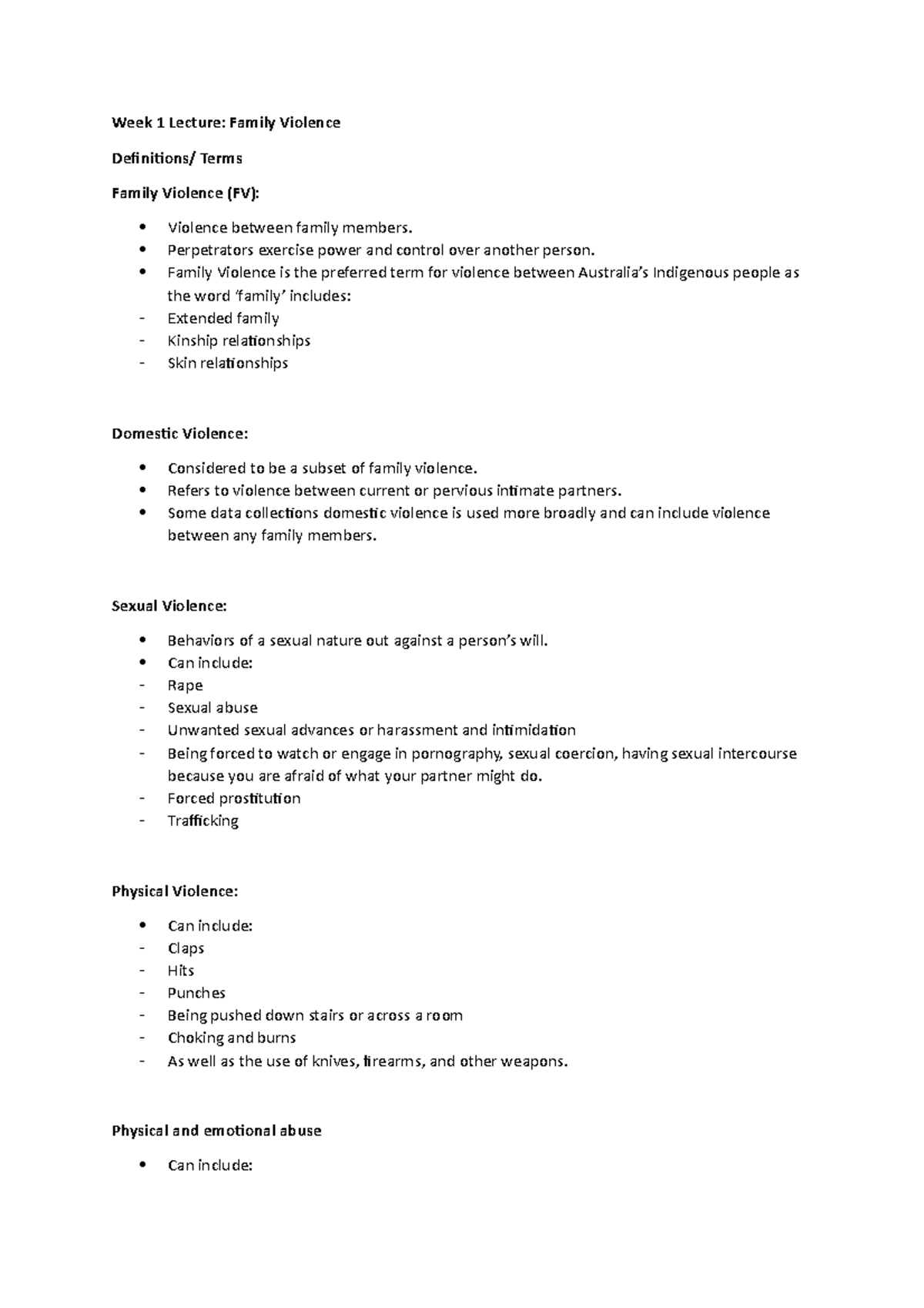Lecture Notes - Week 1 Lecture: Family Violence Definitions/ Terms ...
