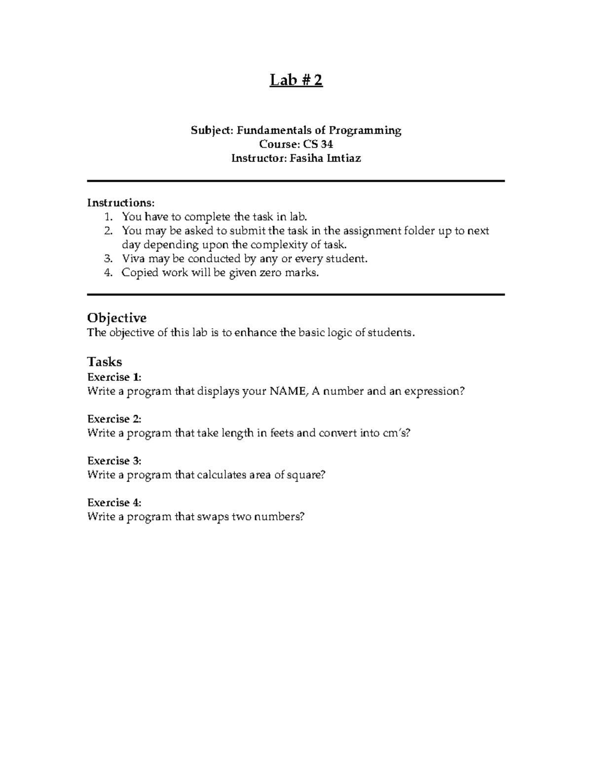 FOP-Lab2Lab # 2 Subject: Fundamentals of Programming Course: CS 34 ...