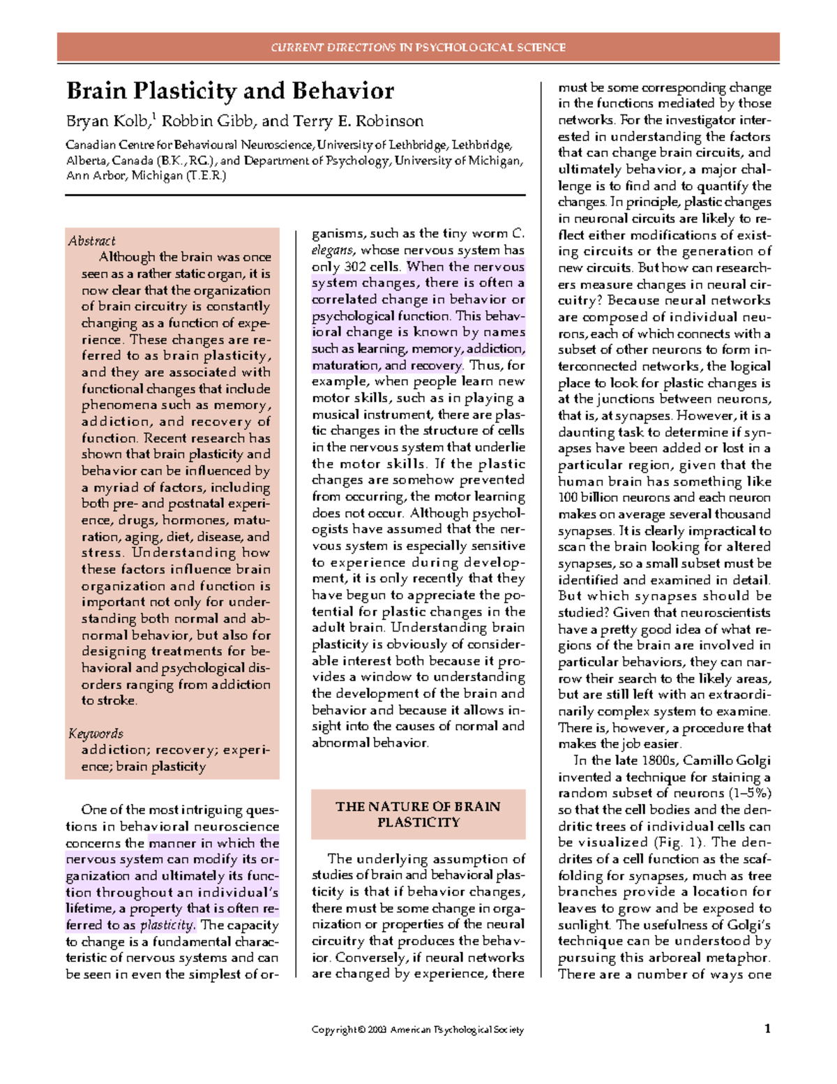 Plasticity and the brain - Copyright © 2003 American Psychological ...