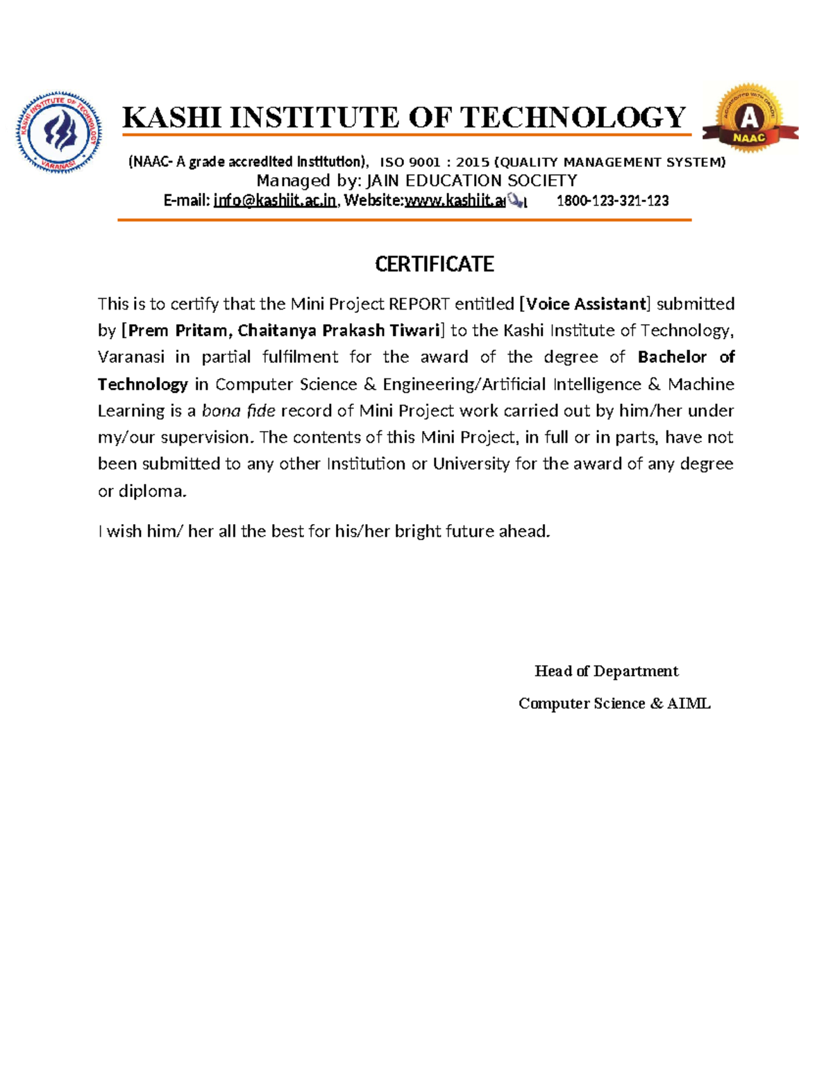 Mini Project - KASHI INSTITUTE OF TECHNOLOGY (NAAC- A grade accredited ...