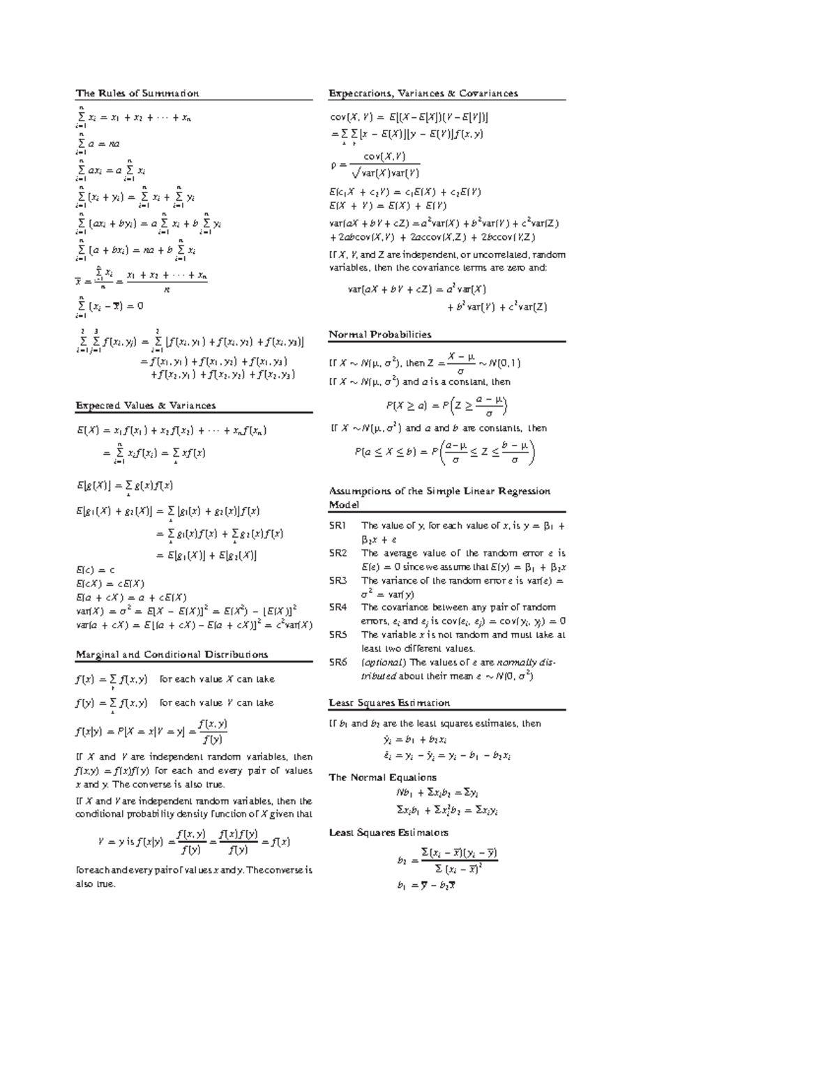 Formula Sheet Provided With Exams Econometrics Studeersnel