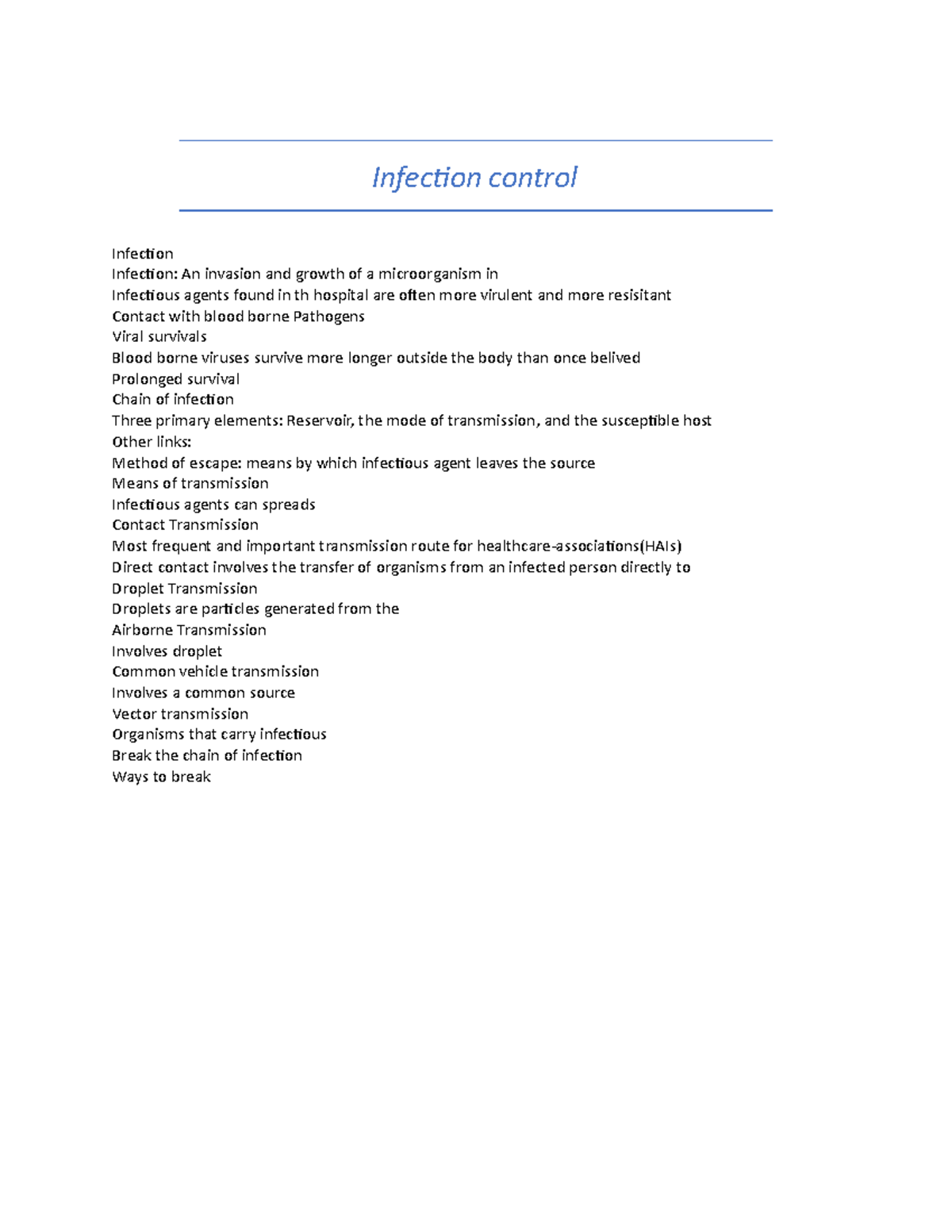 Infection Control - Notes - Infection Control Infection Infection: An ...