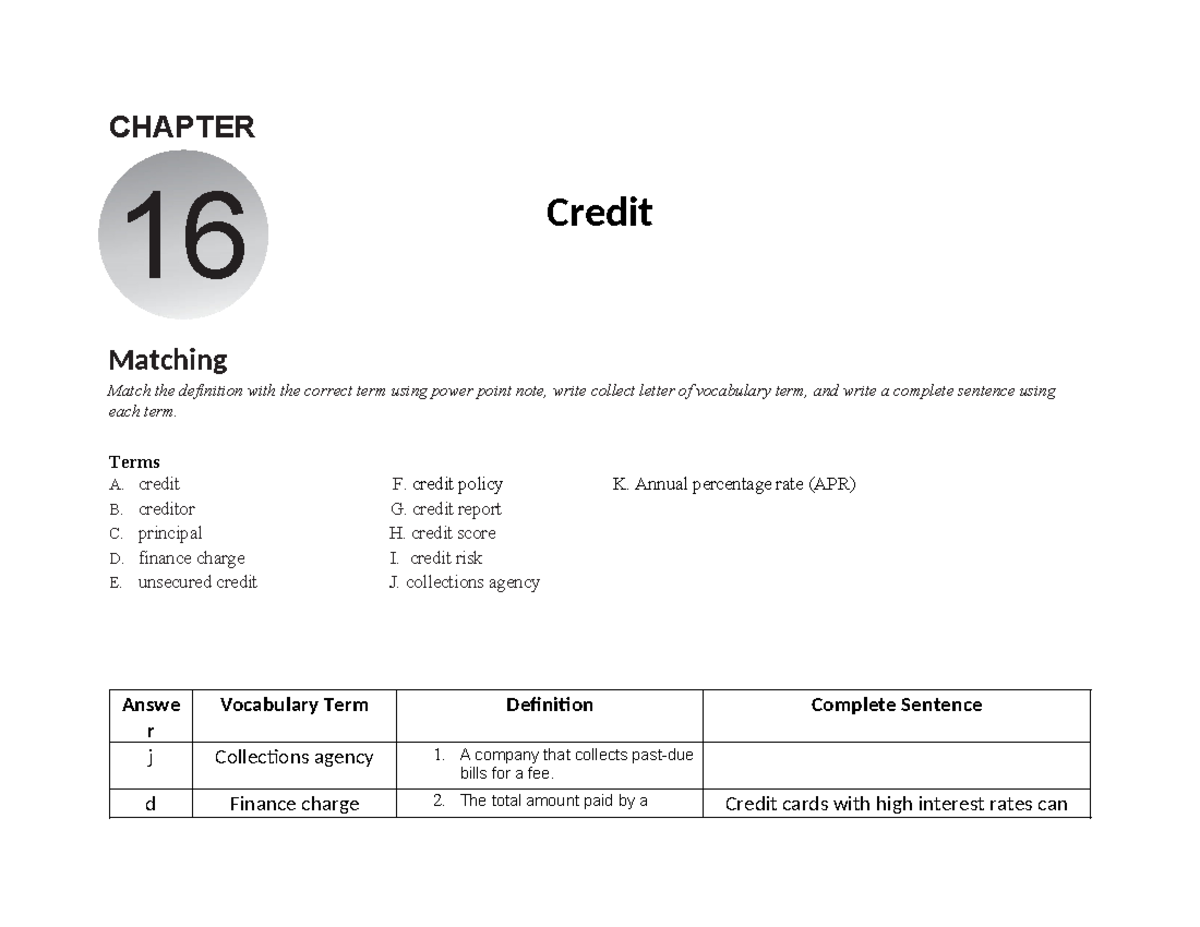 Chapter 16 answer sheet CHAPTER Credit Matching Match the definition