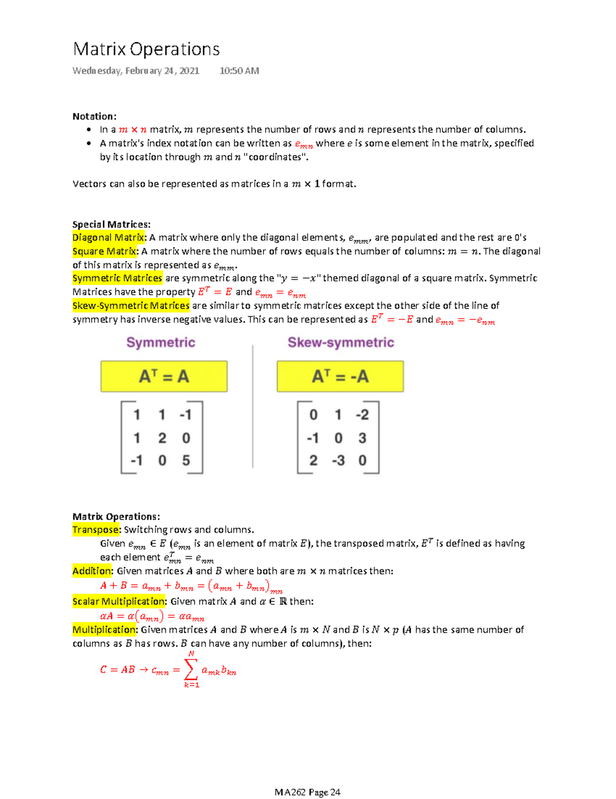 Matrix Operations - Notation: - In a matrix, represents the number of ...