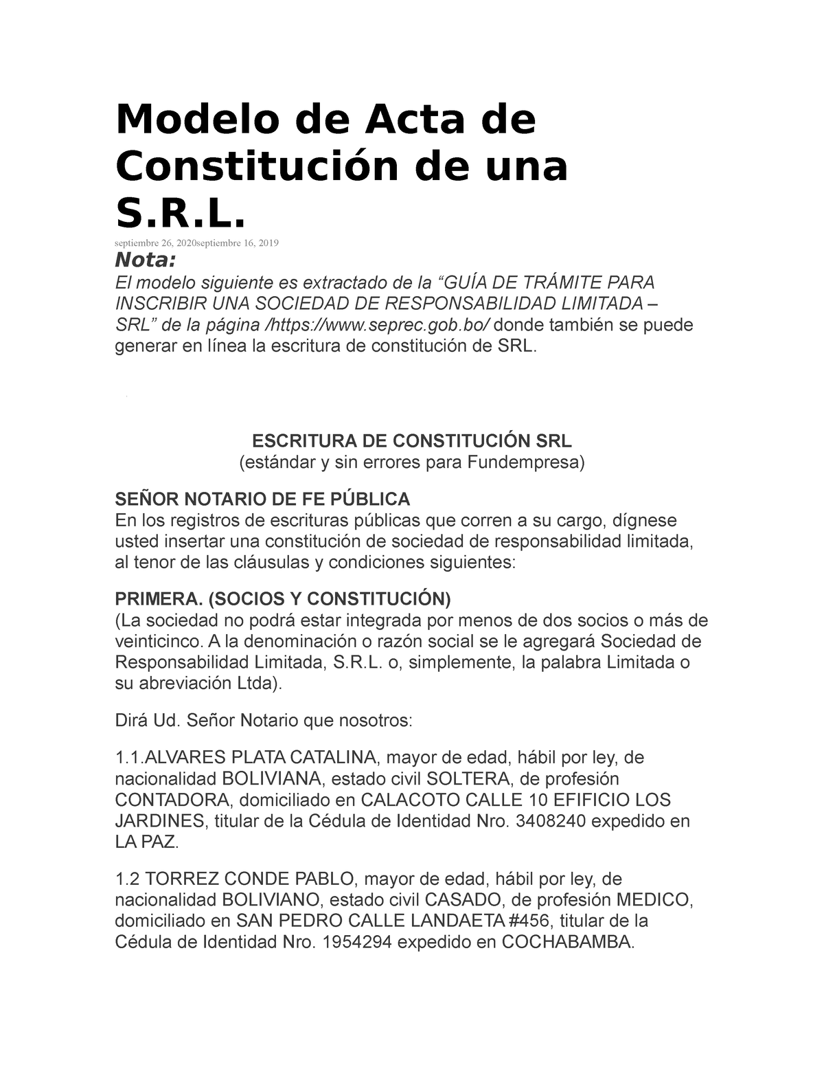 Acta De Constitución Contabilidad Y Administracion Modelo De Acta