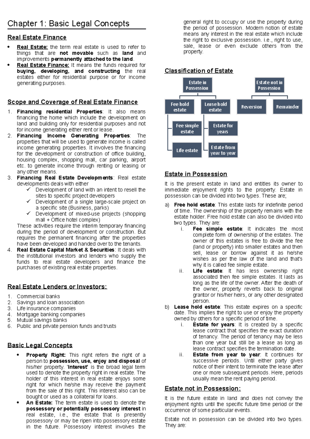 Notes Research Methodology Chapter 1 Basic Legal Concepts Real Estate Finance Real Estate