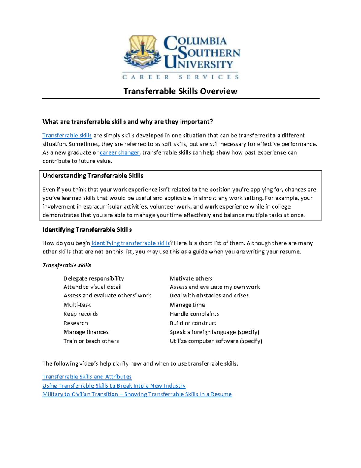 BUS 2303 UNIT 7 Resume Worksheet - Transferrable Skills Overview What ...