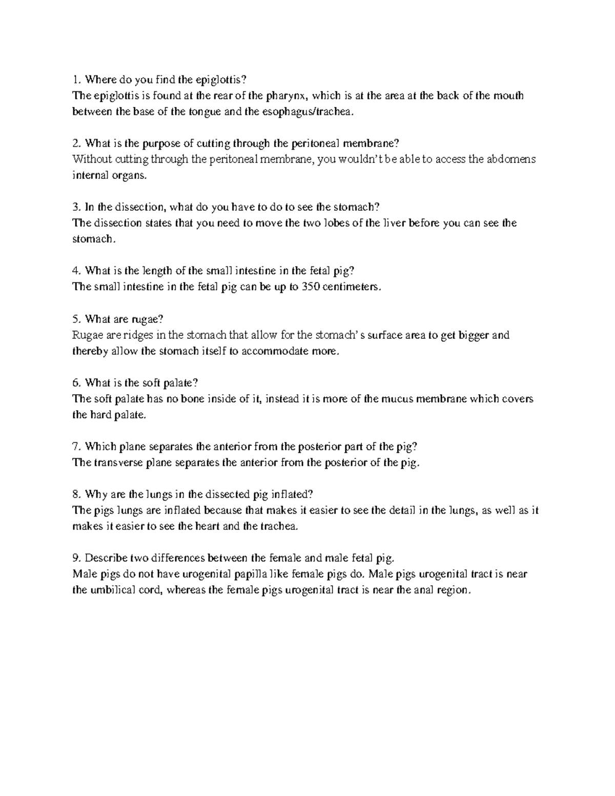 Practical Questions And Answers Pig Disection Studocu