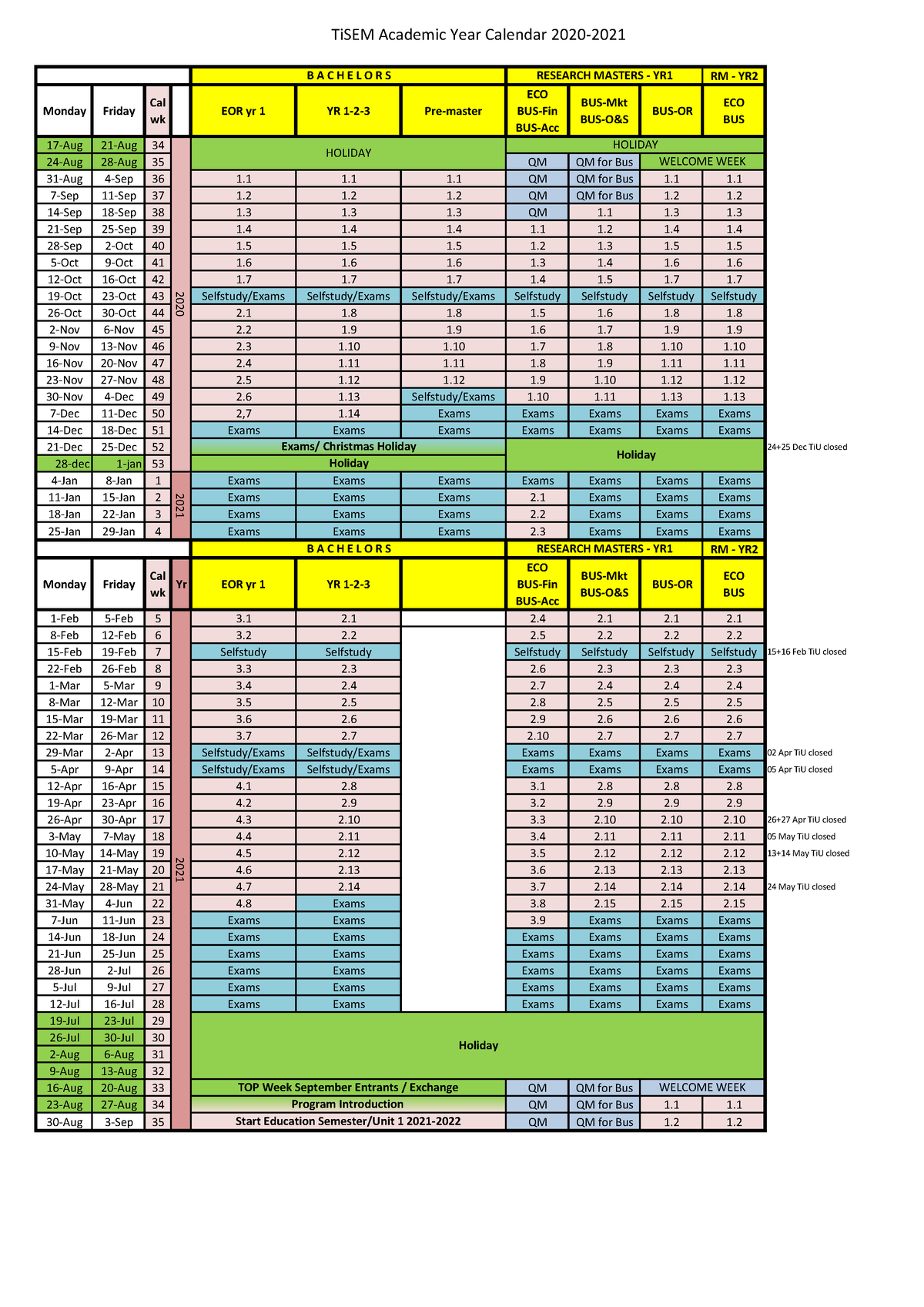 Ti U Academic Calendar 20202021 BScPMRM Website TiSEM Academic