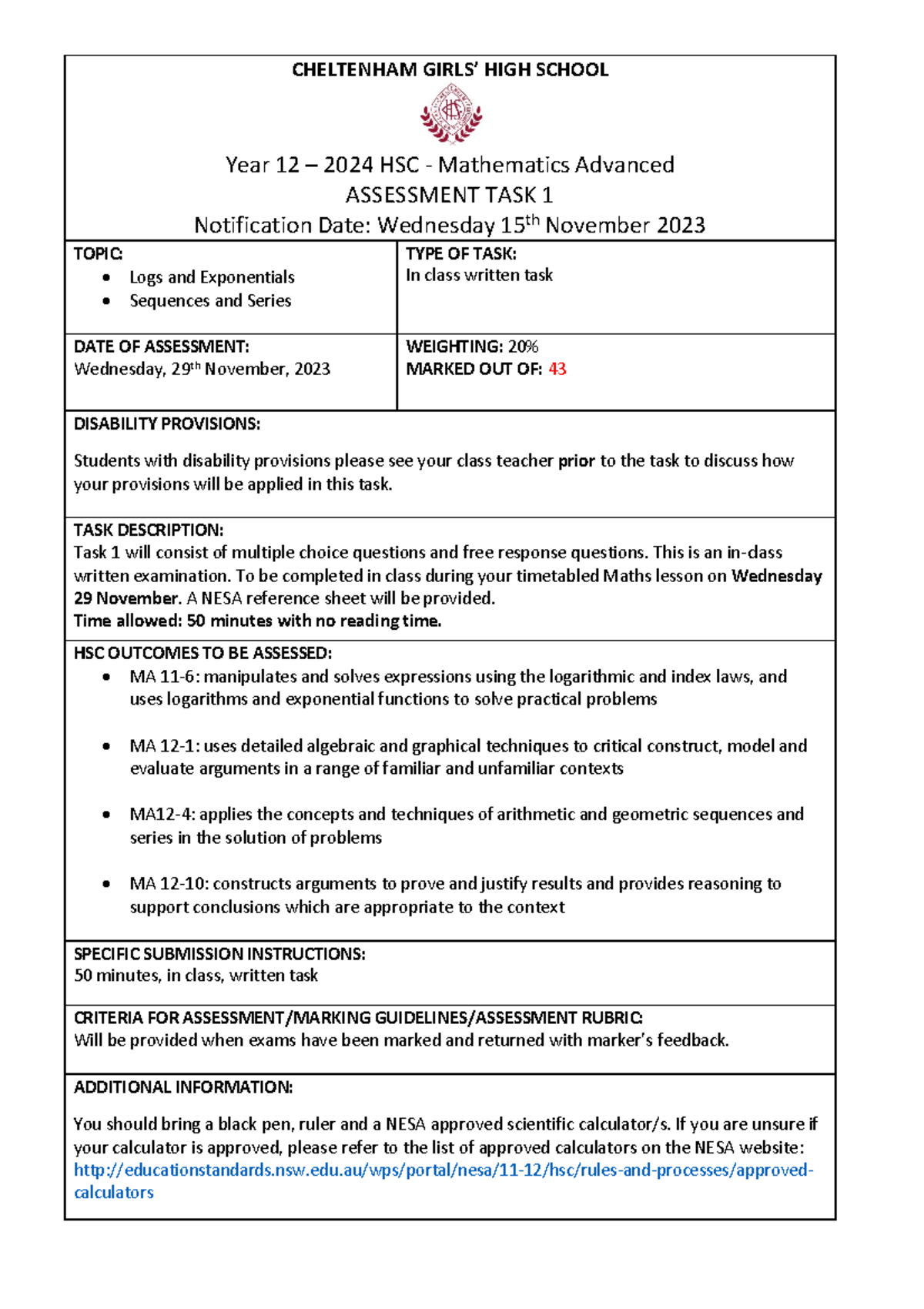 Year 12 2023 Maths ADV Assessment Task 1 Notification - CHELTENHAM ...
