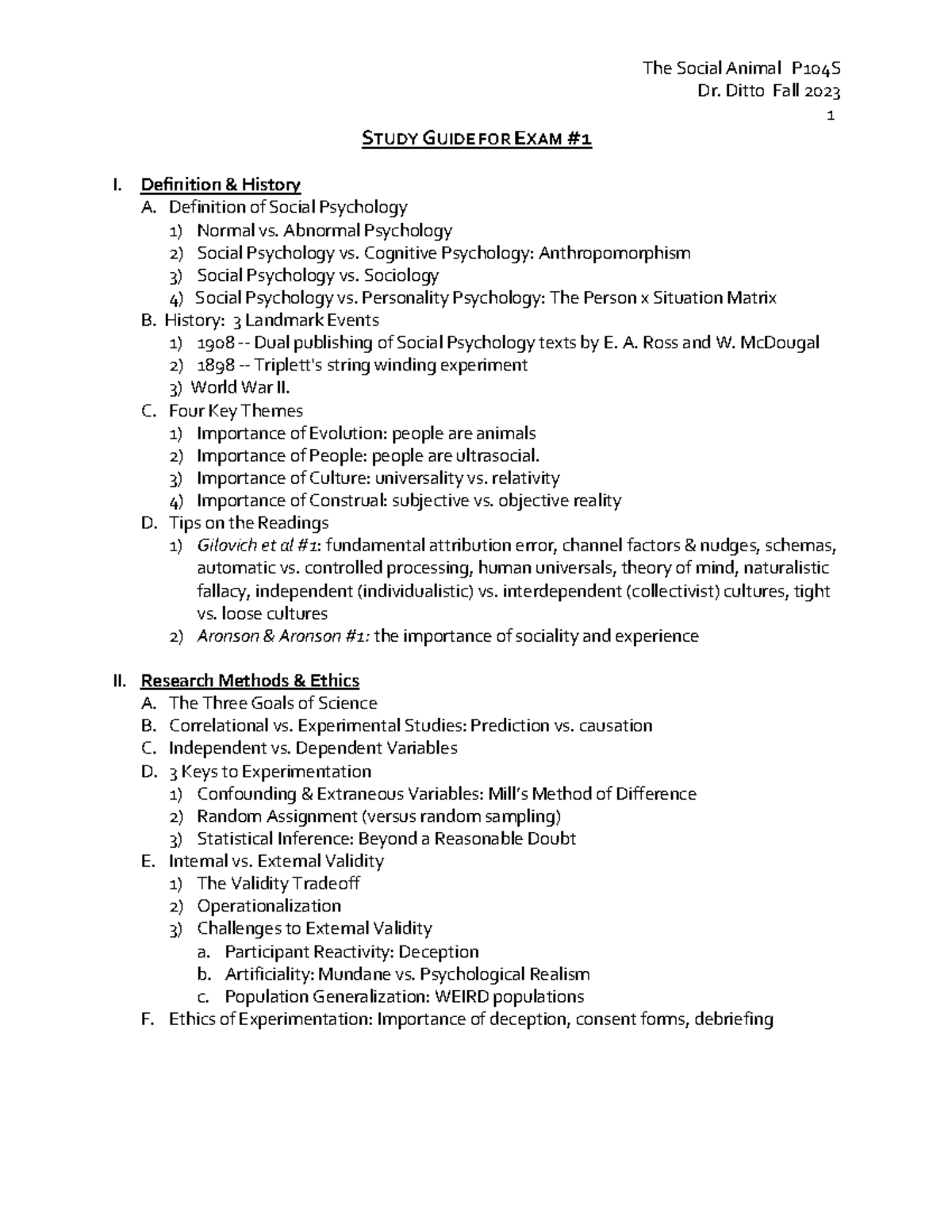 Study guide P104F23 Exam 1 - Dr. Ditto Fall 20 23 1 S TUDY G UIDE FOR E ...