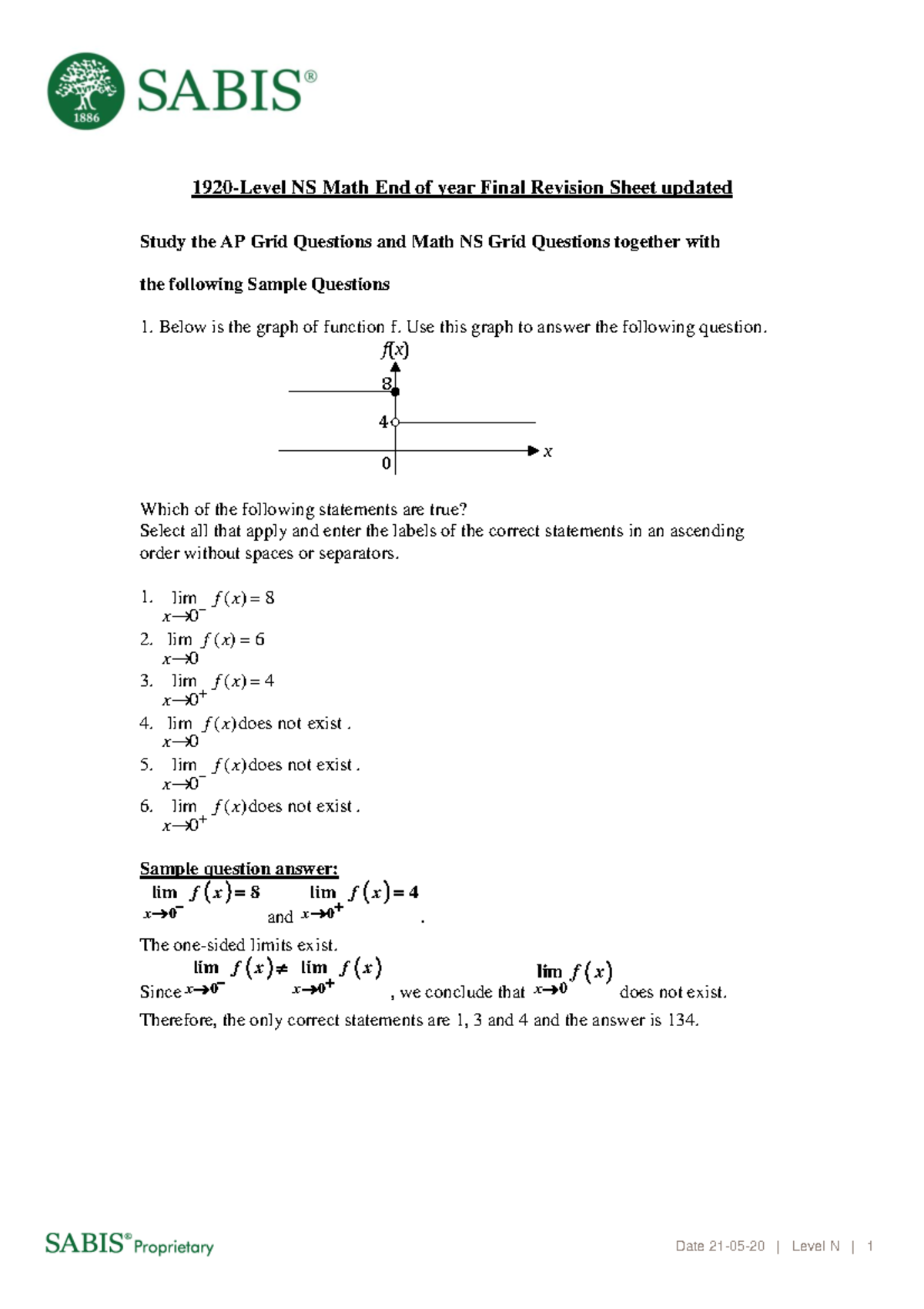 1920Level NS Math End of Year Final Revision Sheet updated 3