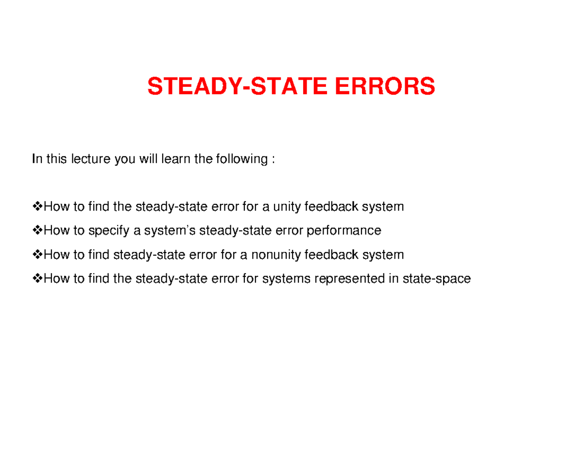 Steady state Error Relatie Met T s STEADY STATE ERRORS In This 