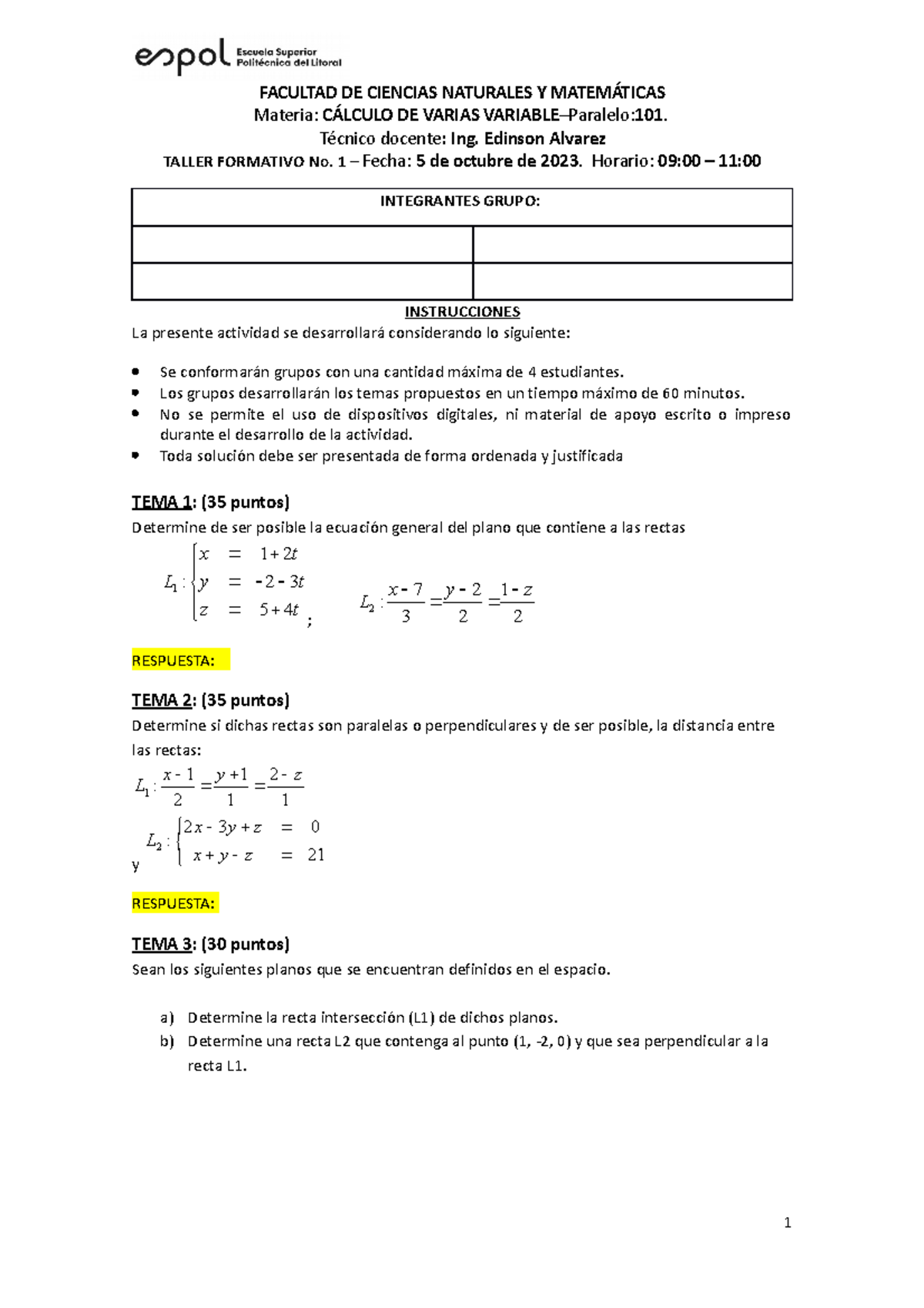 Taller Formativo - FACULTAD DE CIENCIAS NATURALES Y MATEMÁTICAS Materia ...