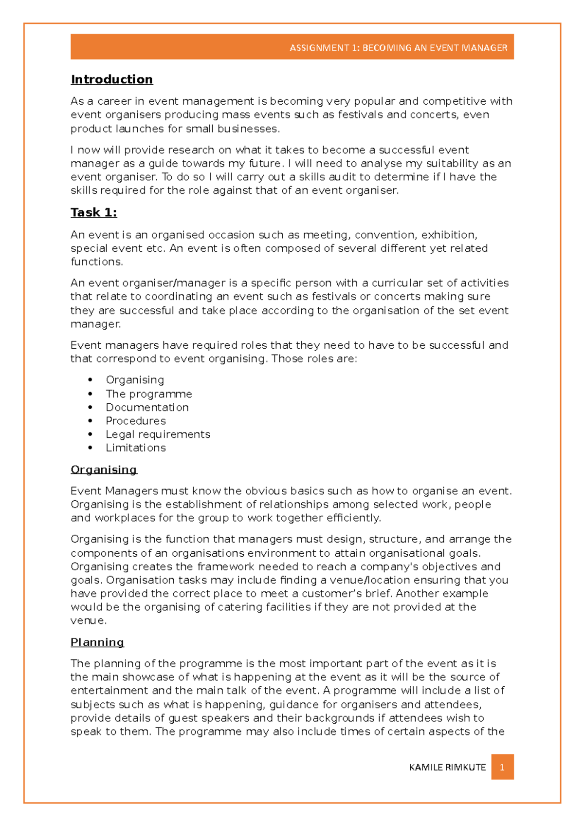 Assignment 1 managing an event - Introduction As a career in event ...