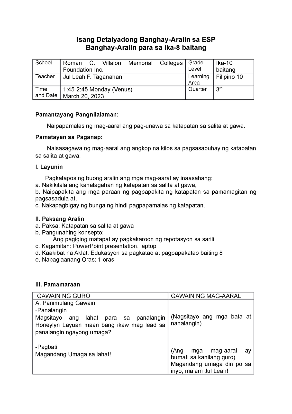 LP 3 (printed) - Lesson Plan - Isang Detalyadong Banghay-Aralin Sa ESP ...