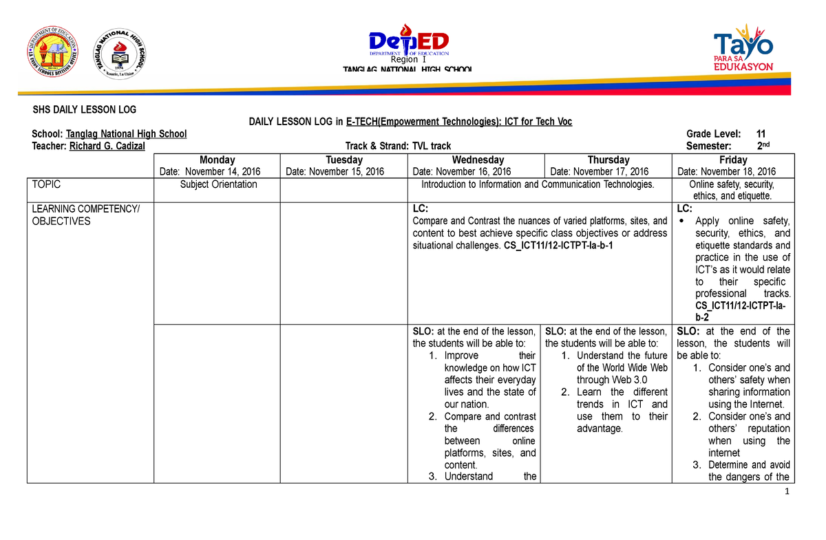 Dll In E Tech - Daily Lesson Log For Empowerment Technology Subject ...