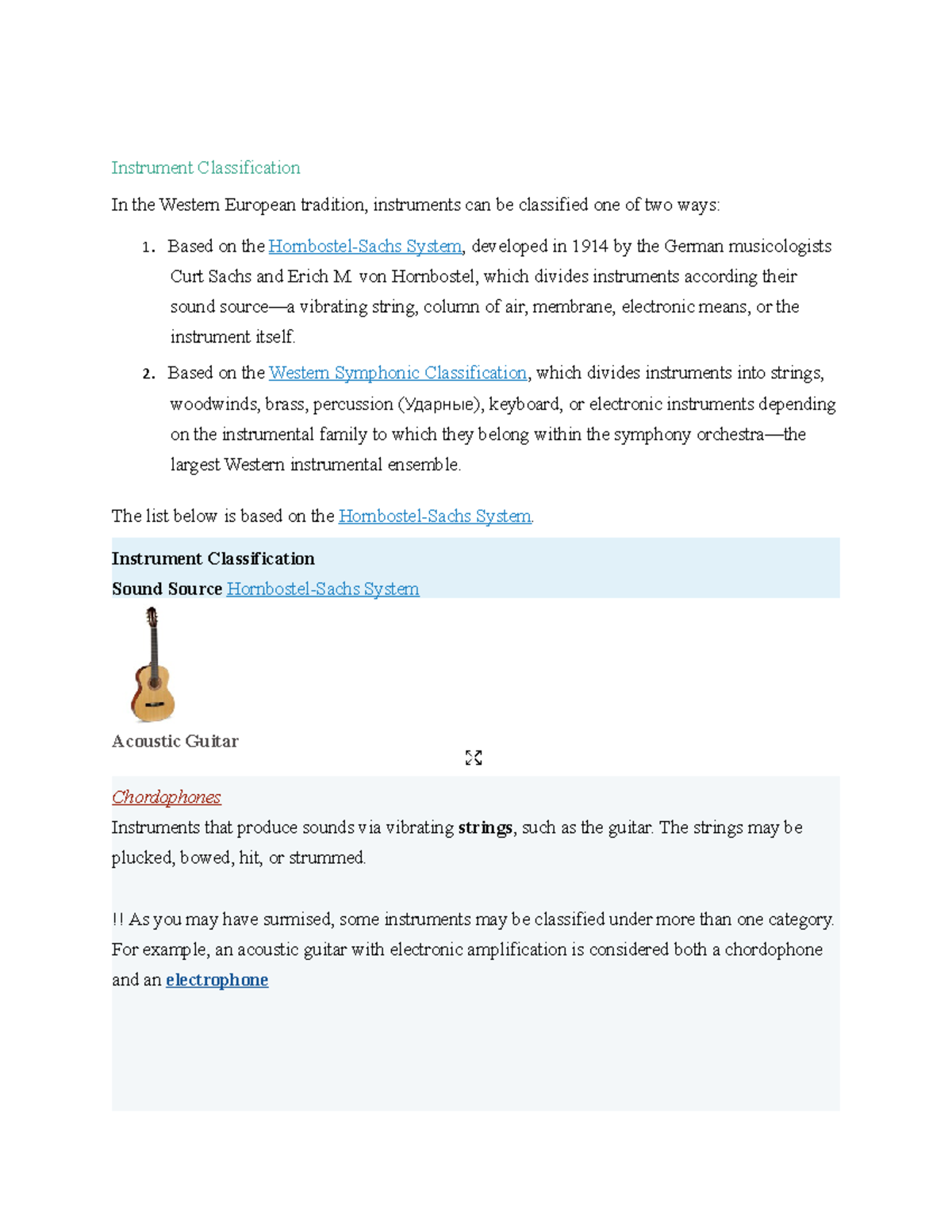 Instrument Classification von Hornbostel, which divides instruments according their sound
