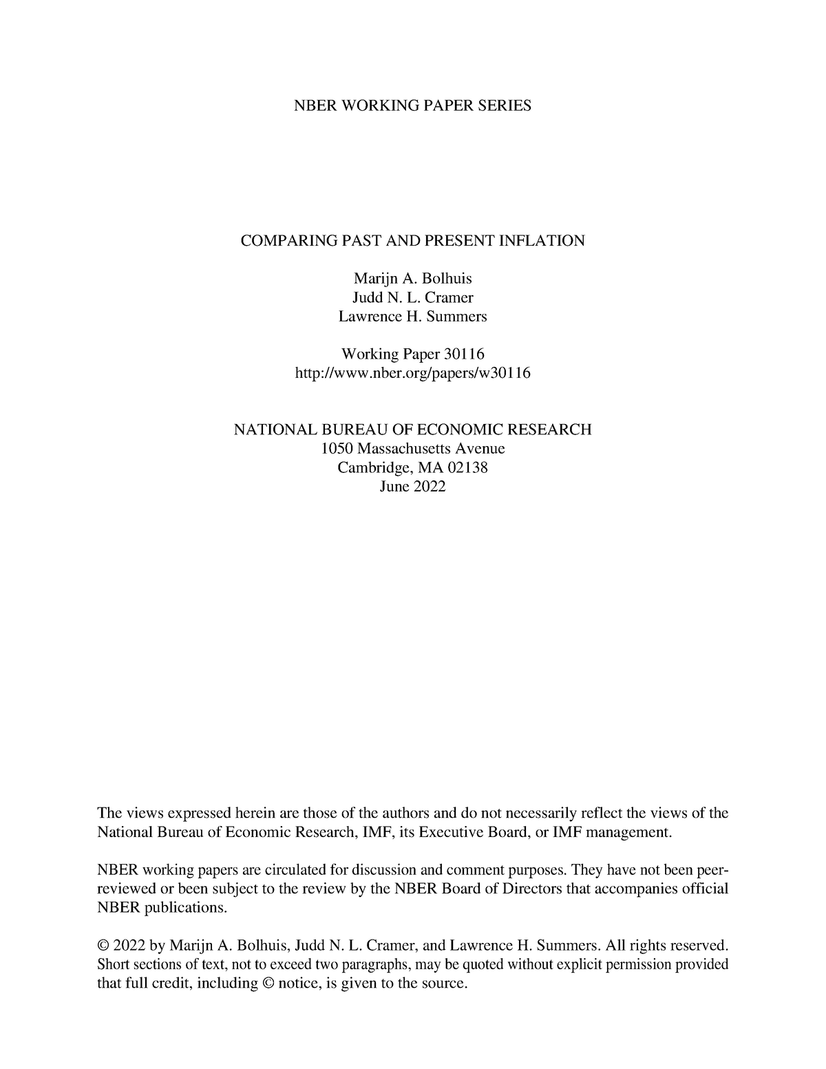 Reading 2 Comparing Past And Present Inflation - NBER WORKING PAPER ...