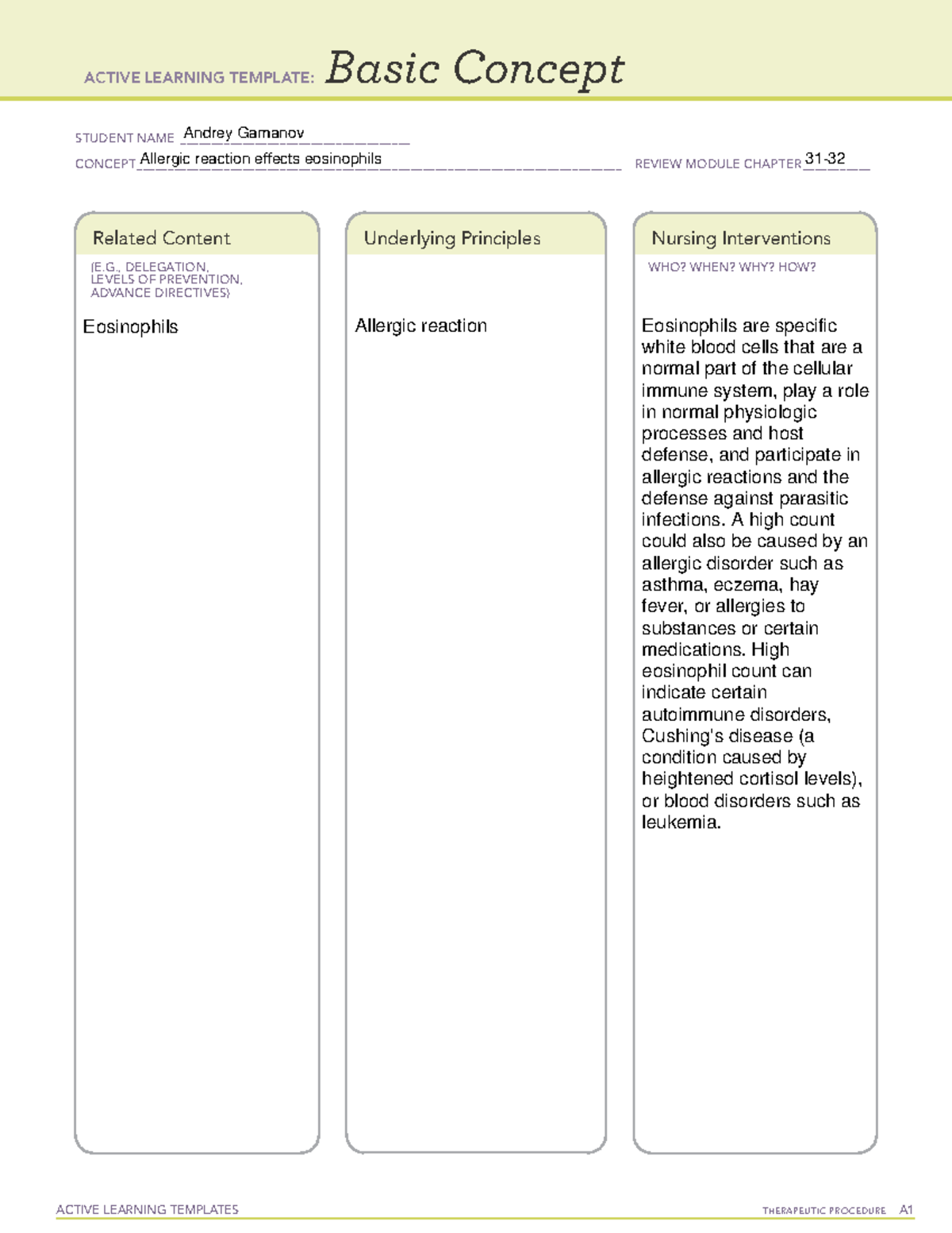 Quiz 12 remediation Allergic reaction effects eosinophils ACTIVE