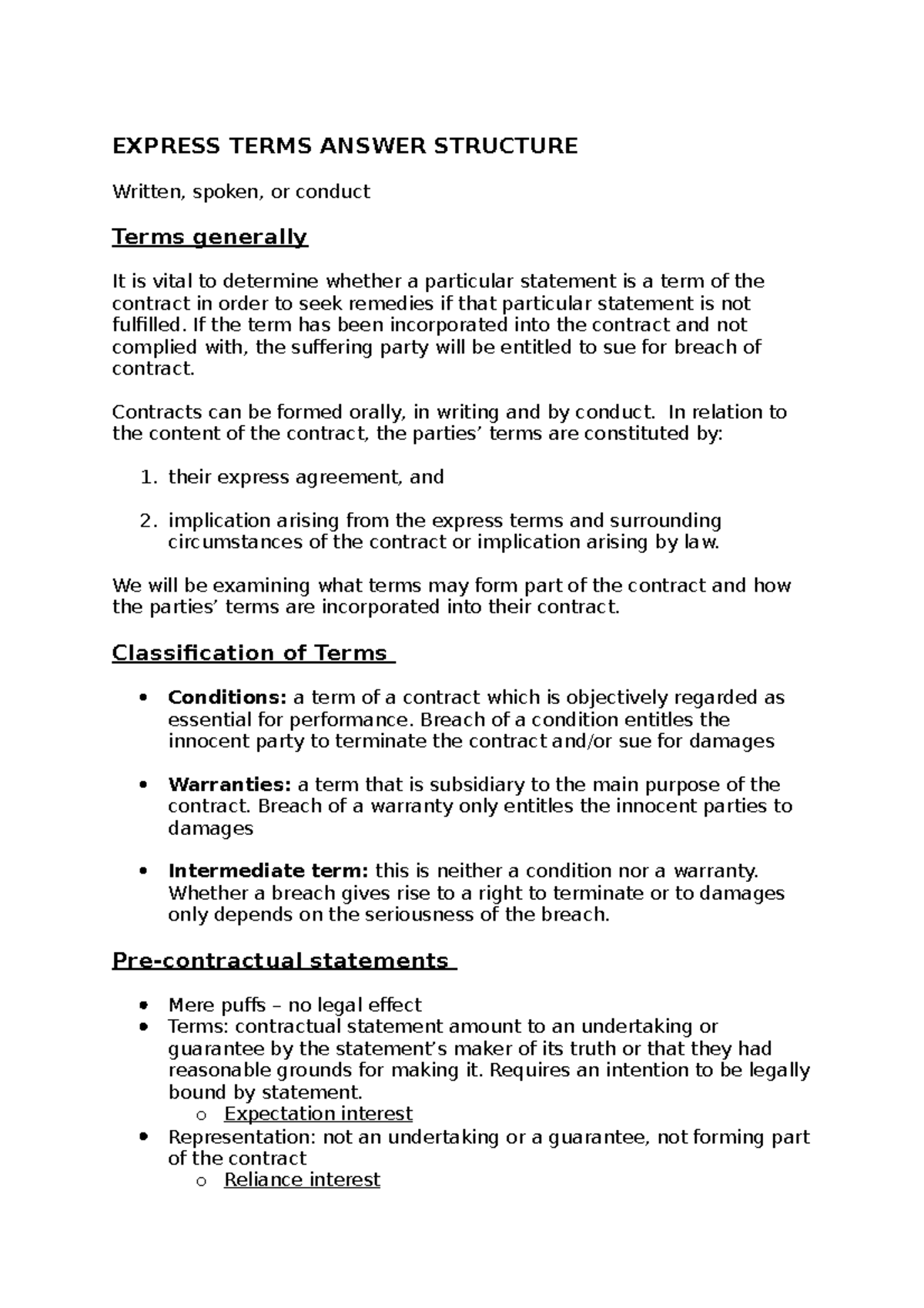Topic 6 Express Terms Summary Contracts A EXPRESS TERMS ANSWER STRUCTURE Written, spoken