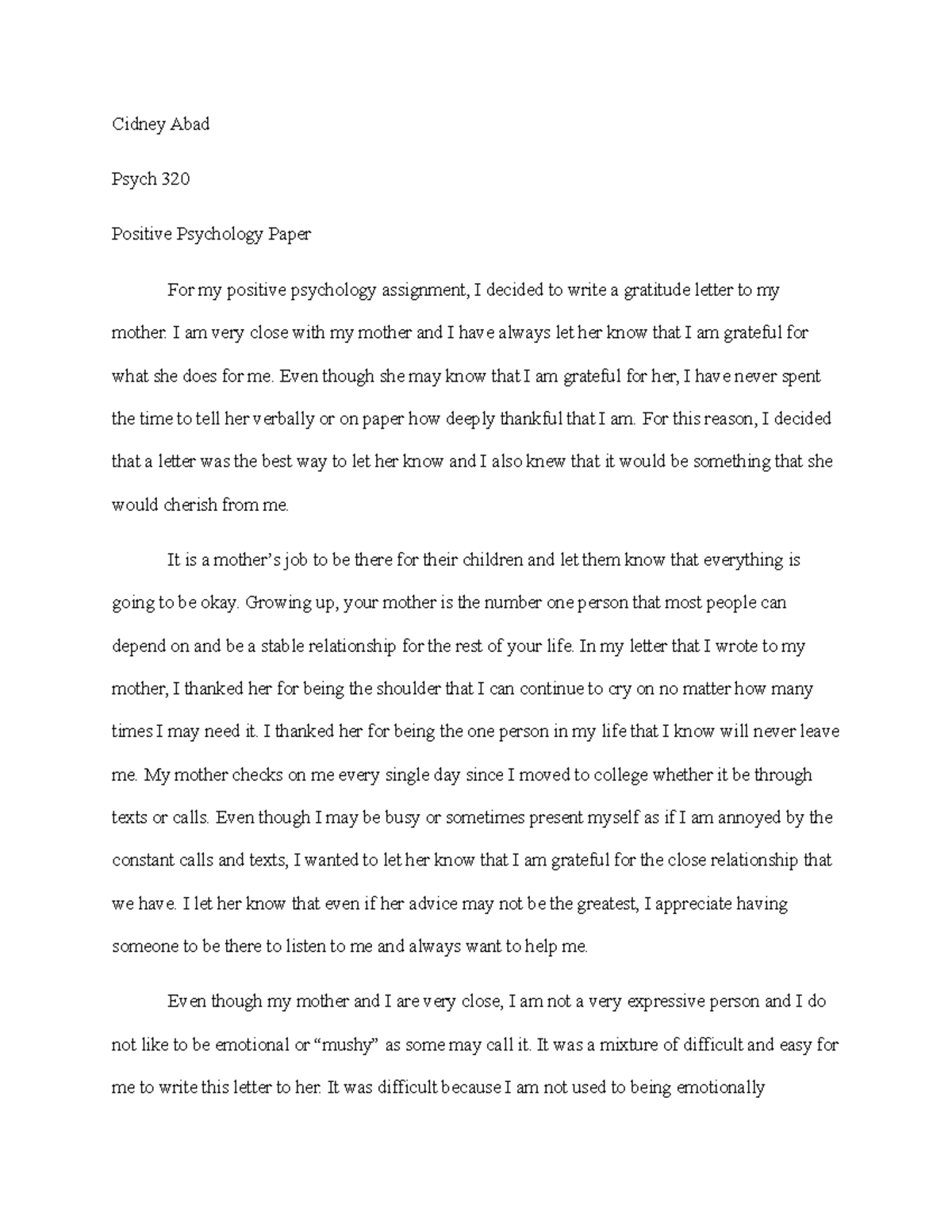 Psych 320 positive psychology paper - Cidney Abad Psych 320 Positive ...