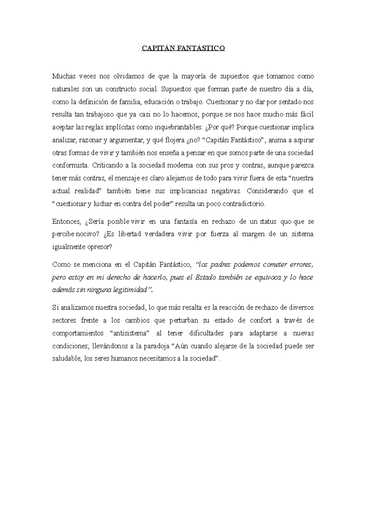 Ensayo Capitan Fantastico Desarrollo Personal E G Administracion Studocu