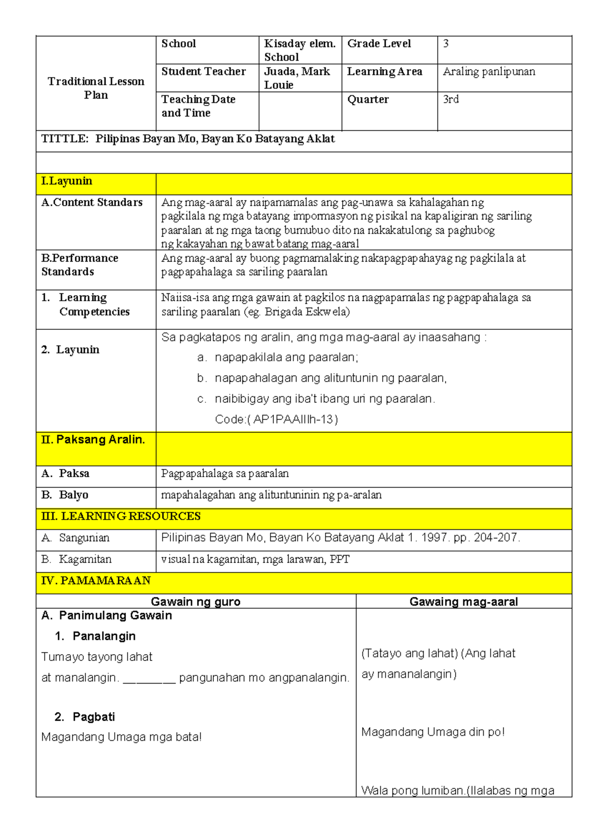 Traditional lesson plan grade 1 - Traditional Lesson Plan School ...