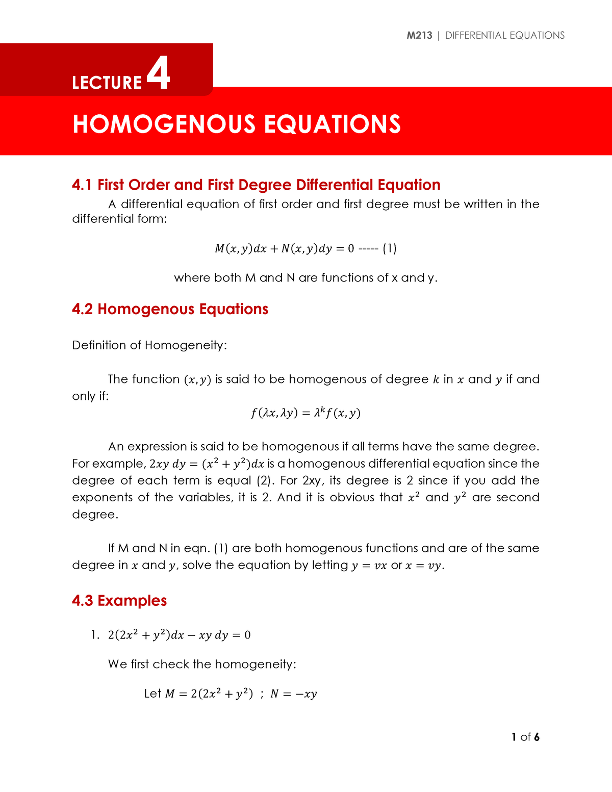 Lecture 4 Homogenous Equations Homogenous Equations 4 First Order And First Degree