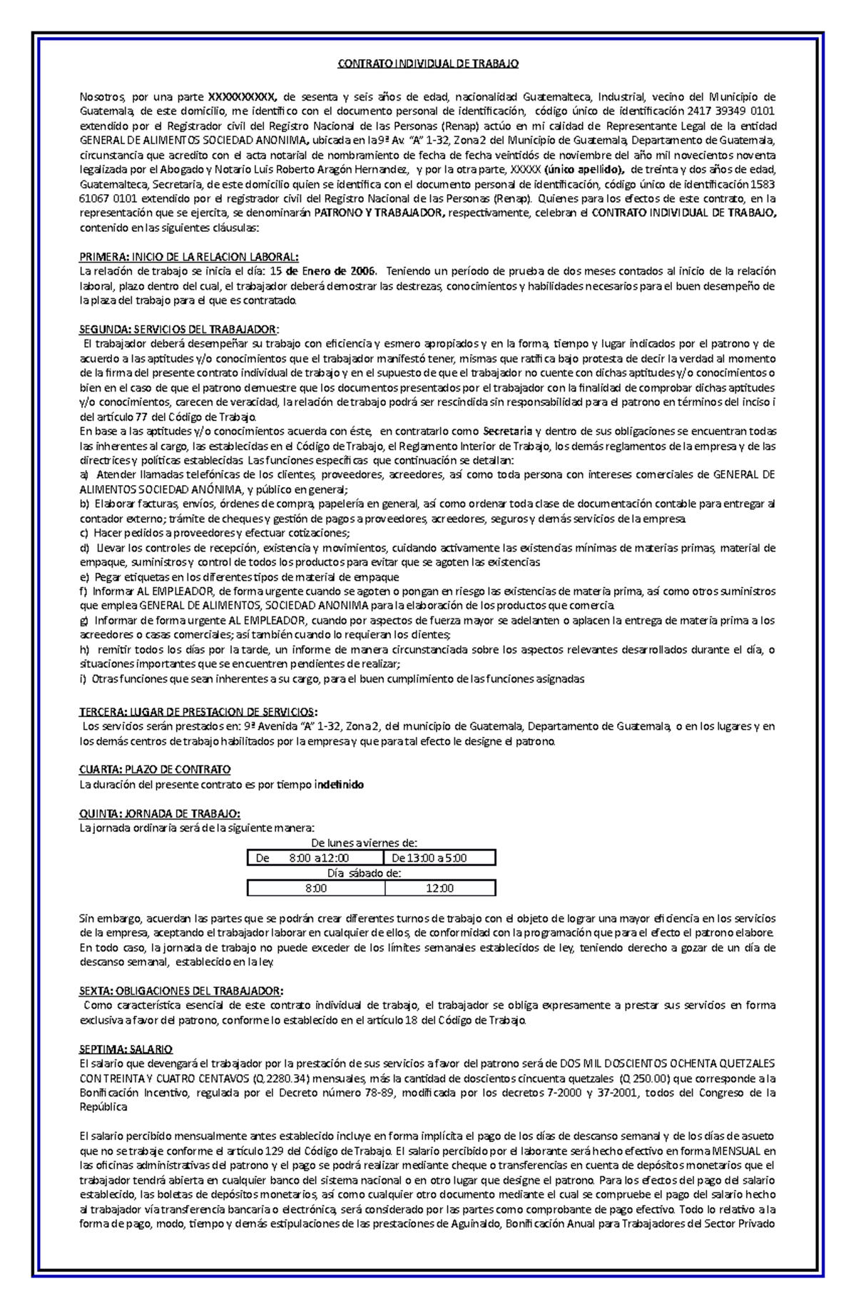 Modelo Contrato Individual DE Trabajo - CONTRATO INDIVIDUAL DE TRABAJO  Nosotros, por una parte de - Studocu