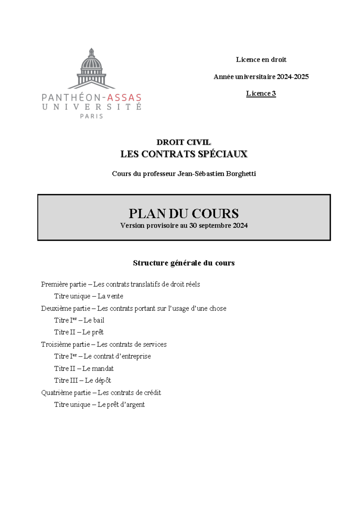 Plan du cours - Licence en droit Année universitaire 20 24 - 2025 ...