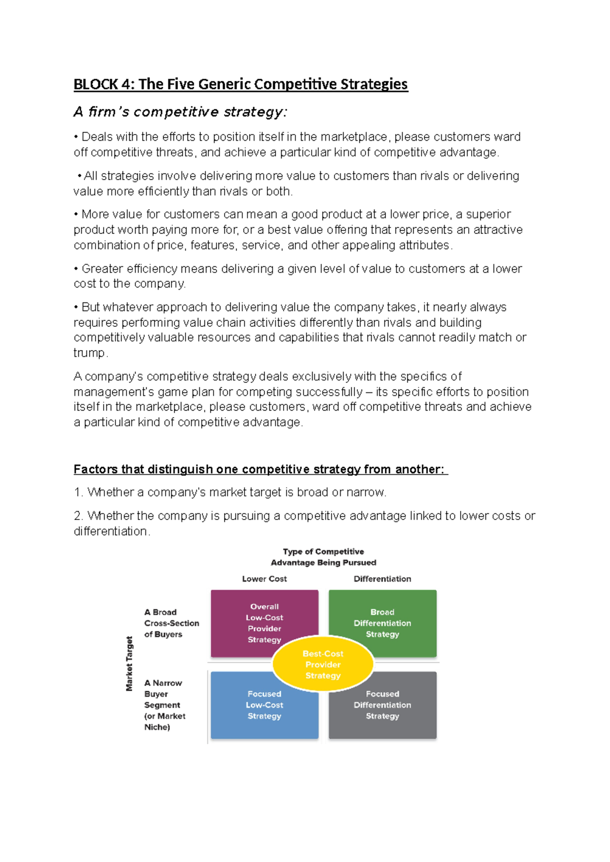 OBS 310 Block 4-5 - BLOCK 4: The Five Generic Competitive Strategies A ...