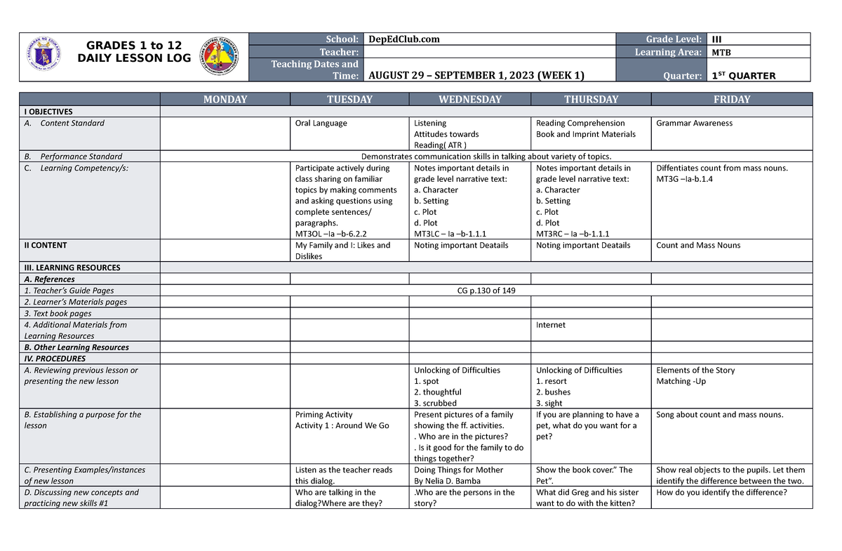 DLL MTB 3 Q1 W1 - Sample Of Daily Lesson Log For BEED Students - GRADES ...