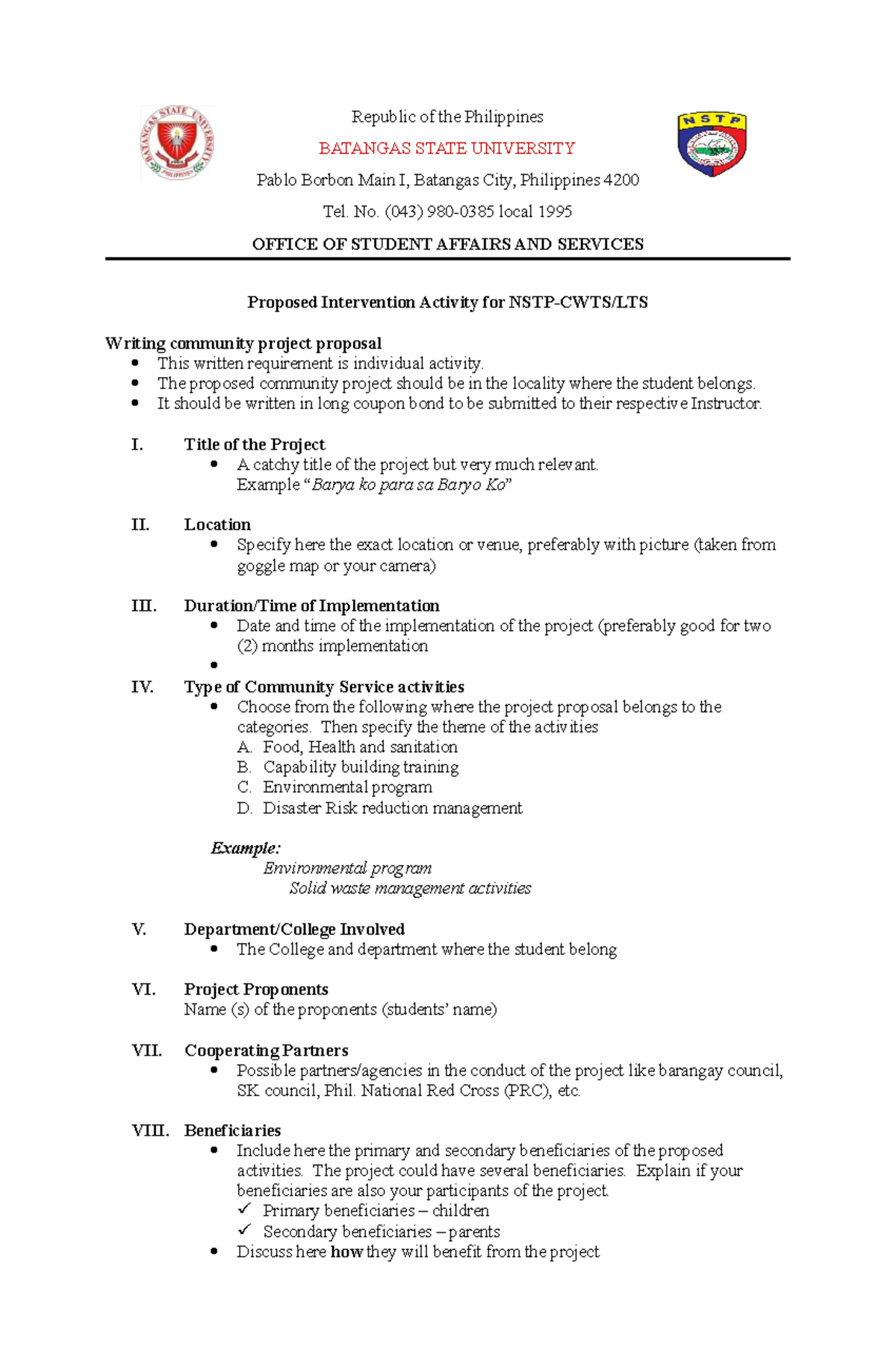Proposed Nstp Reqs 2020 Republic Of The Philippines Batangas State University Pablo Borbon