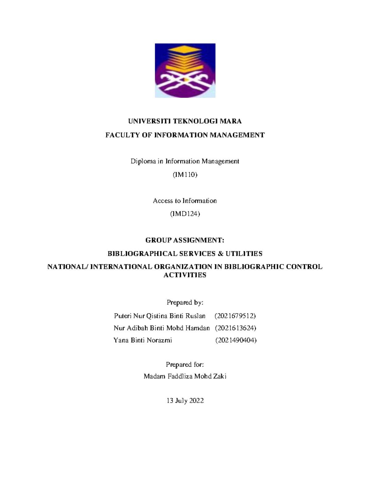 Report Group Assignment Imd124 Universiti Teknologi Mara Faculty Of