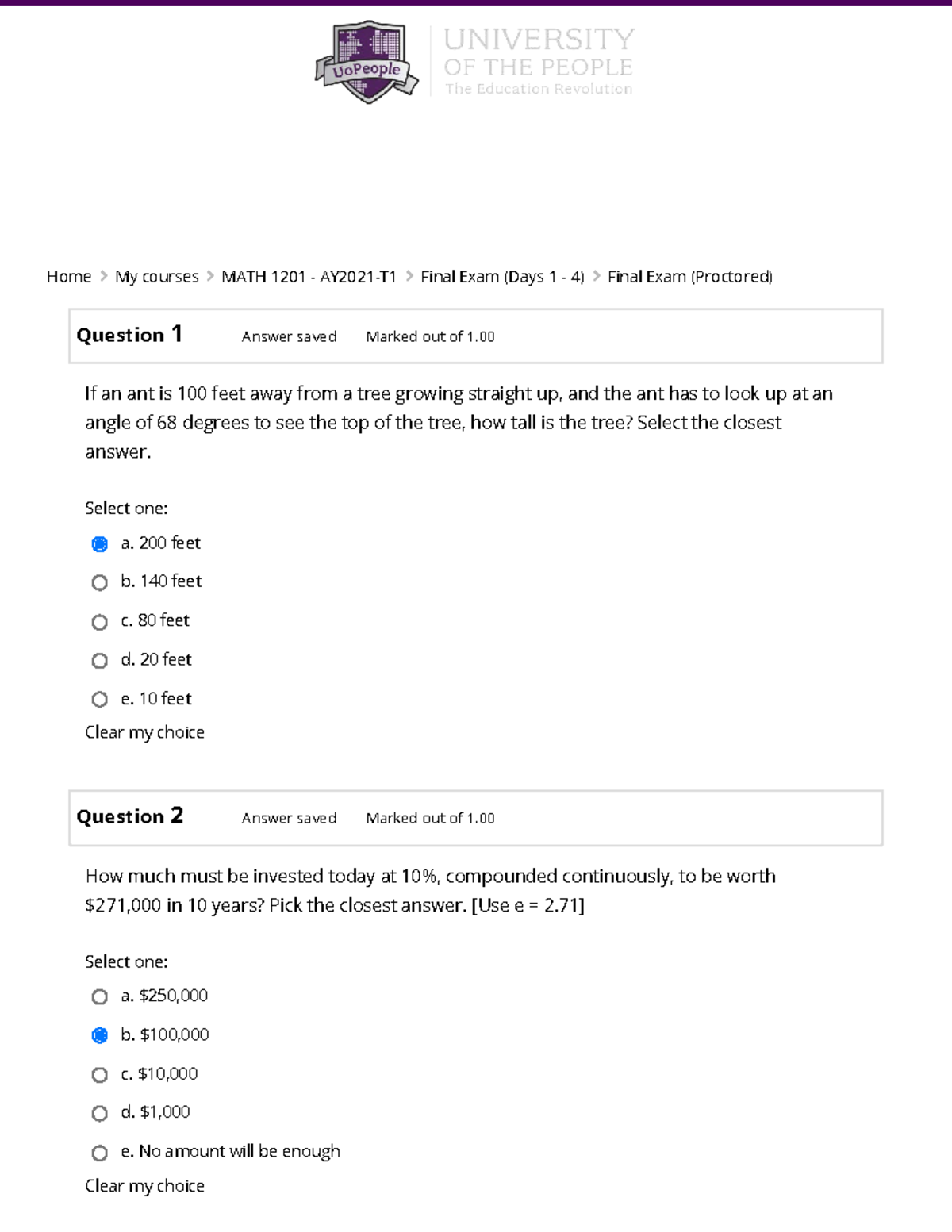 Final exam Algebra 1 Final Exam Proctored page 2 of 2 .pdf Question 1