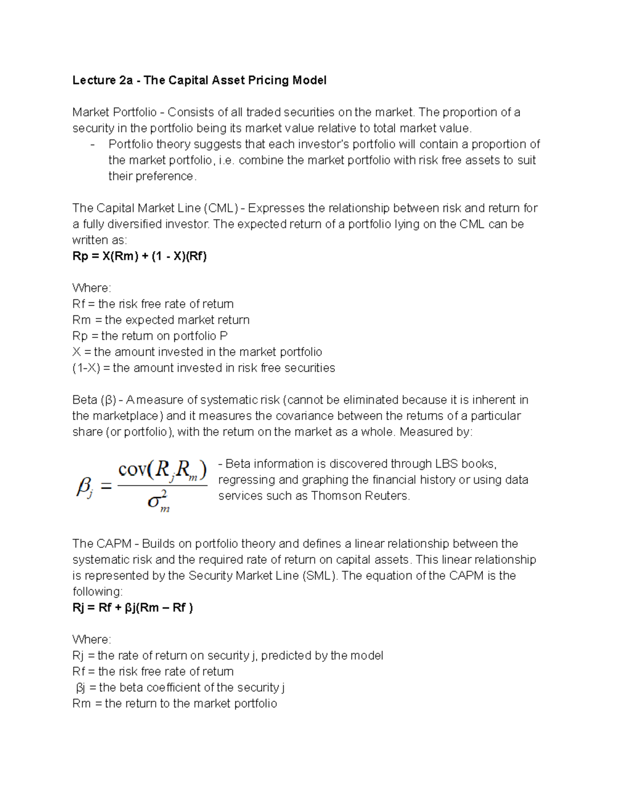 Lecture 2a The Capital Asset Pricing Model Studocu