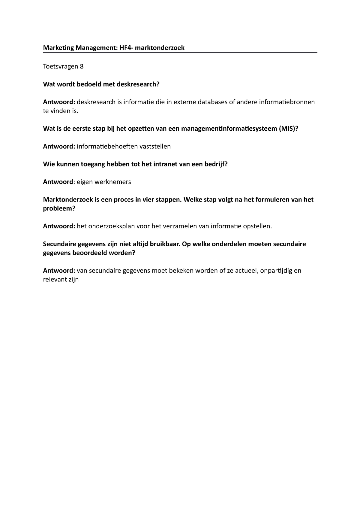 Toetsvragen 8 - Marketing Management - Marketing Management: HF4 ...